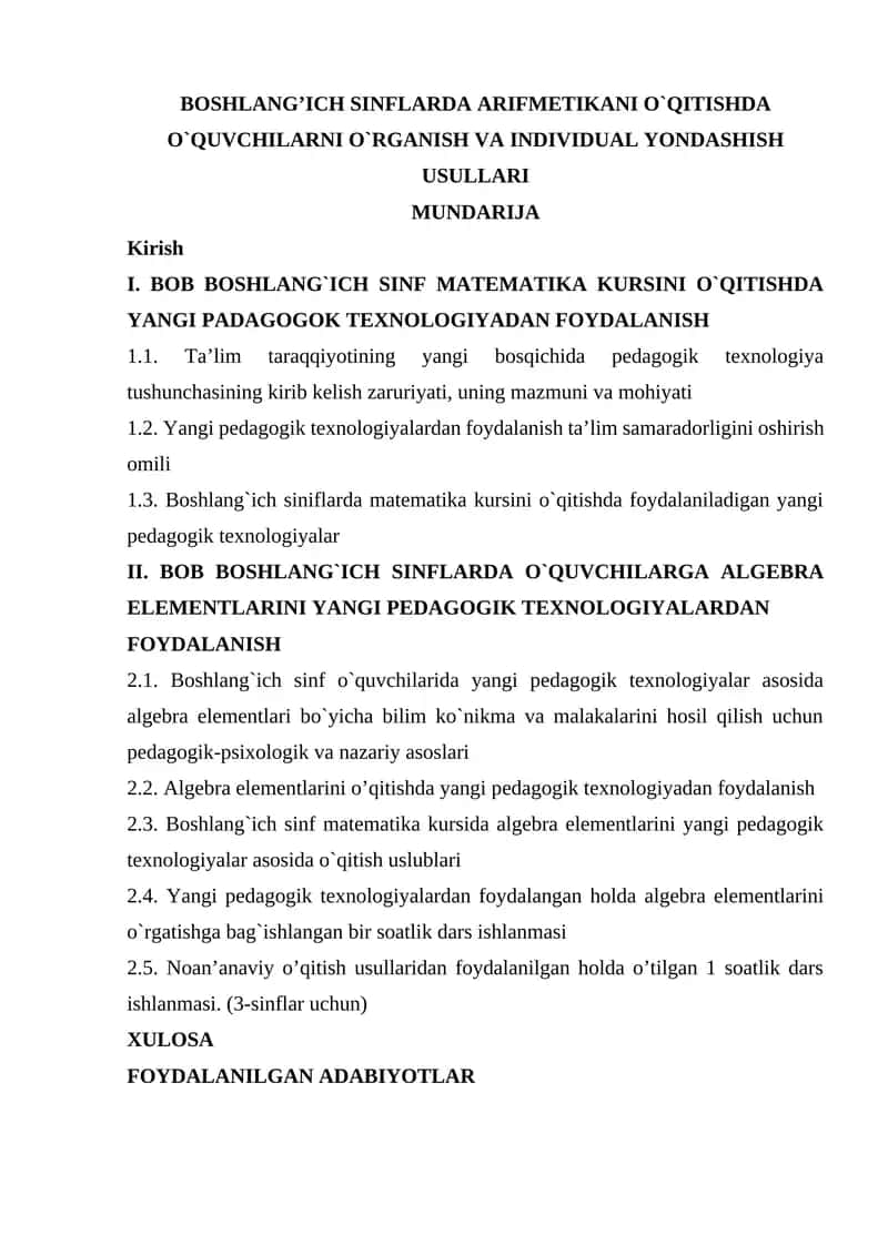 Boshlang’ich sinflarda arifmetikani o`qitish