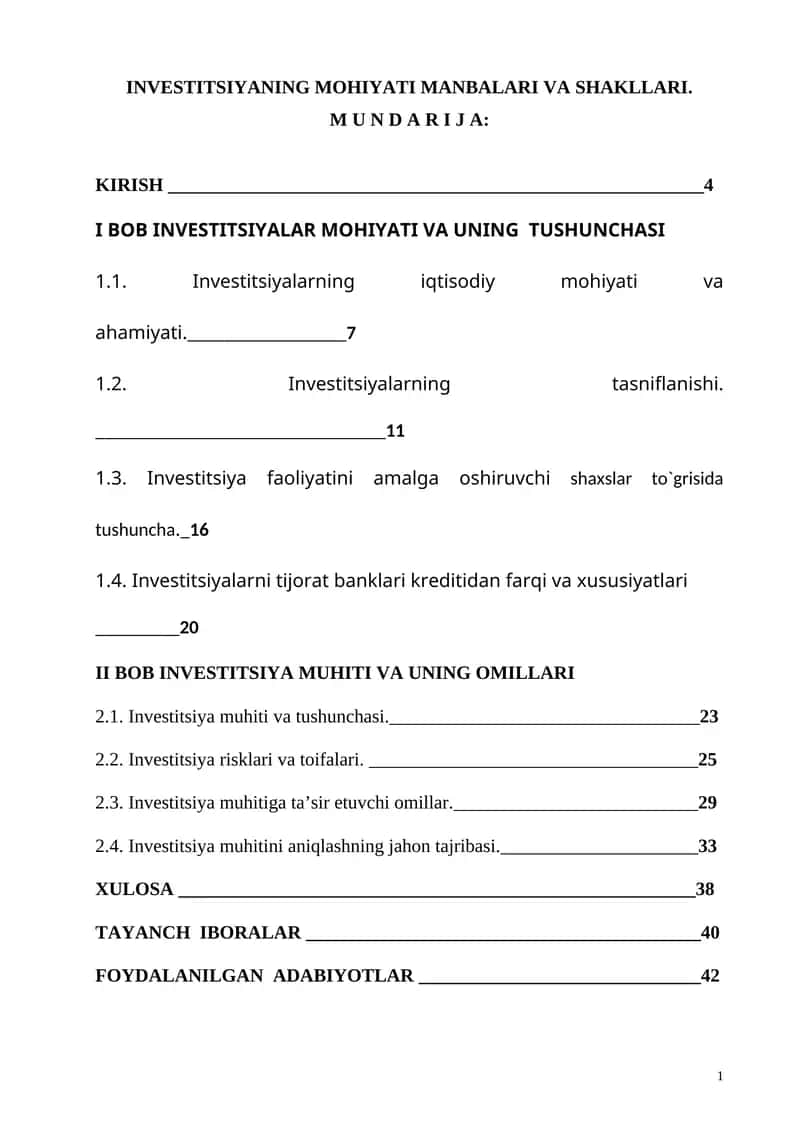 INVESTITSIYANING MOHIYATI MANBALARI VA SHAKLLARI