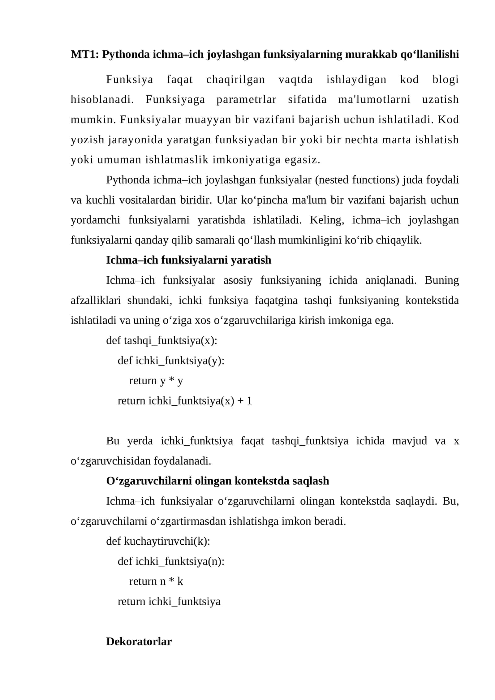 Pythonda ichma–ich joylashgan funksiyalar