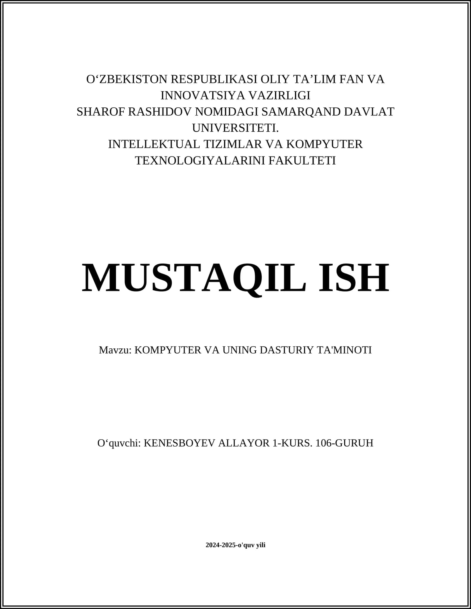 KOMPYUTER VA UNING DASTURIY TA'MINOTI