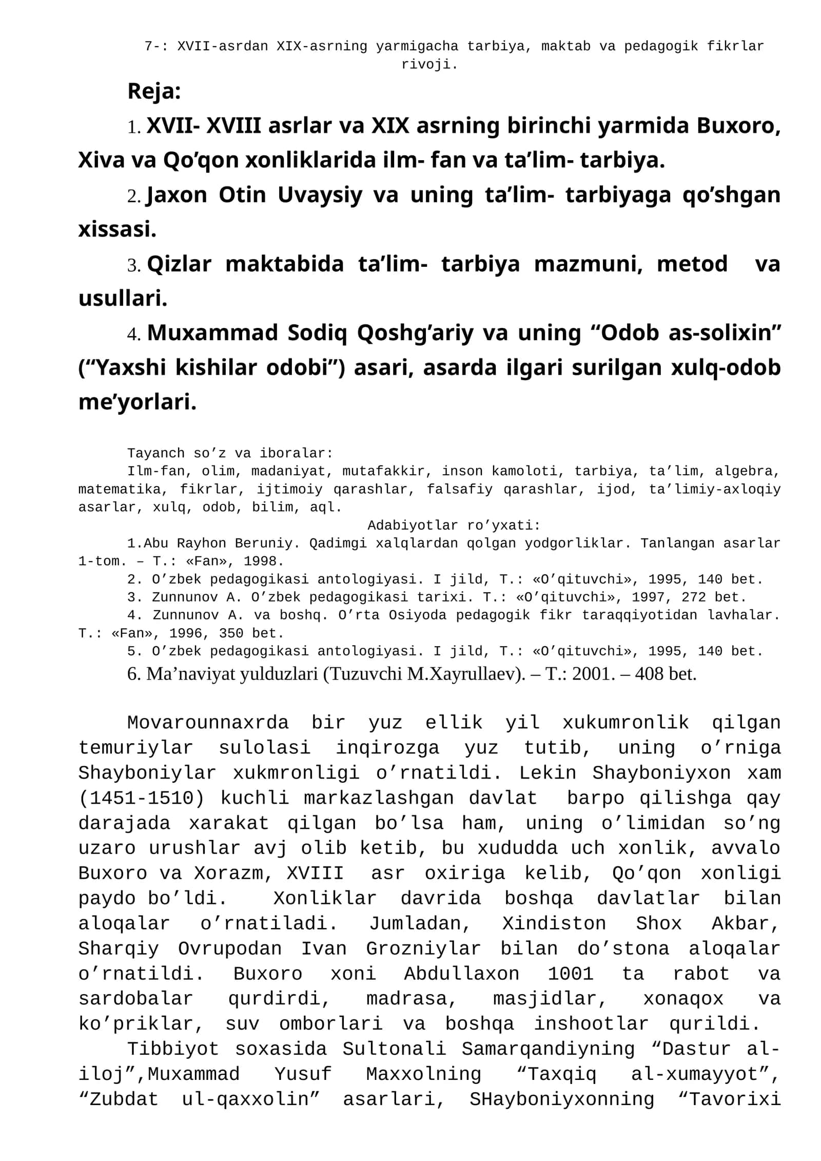 XVII-asrdan XIX-asrning yarmigacha tarbiya, maktab va pedagogik fikrlar rivoji