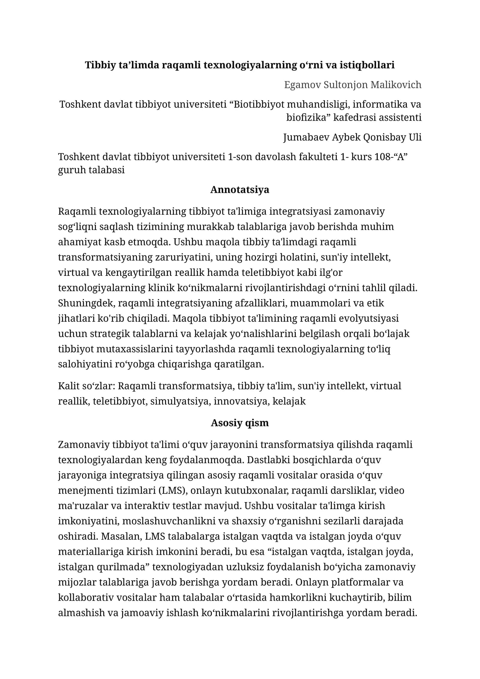 Tibbiy ta’limda raqamli texnologiyalarning oʻrni va istiqbollari