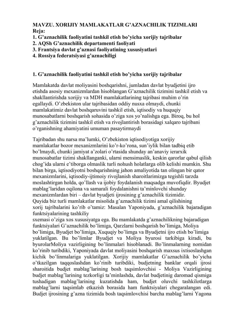 XORIJIY MAMLAKATLAR G’AZNACHILIK TIZIMLARI