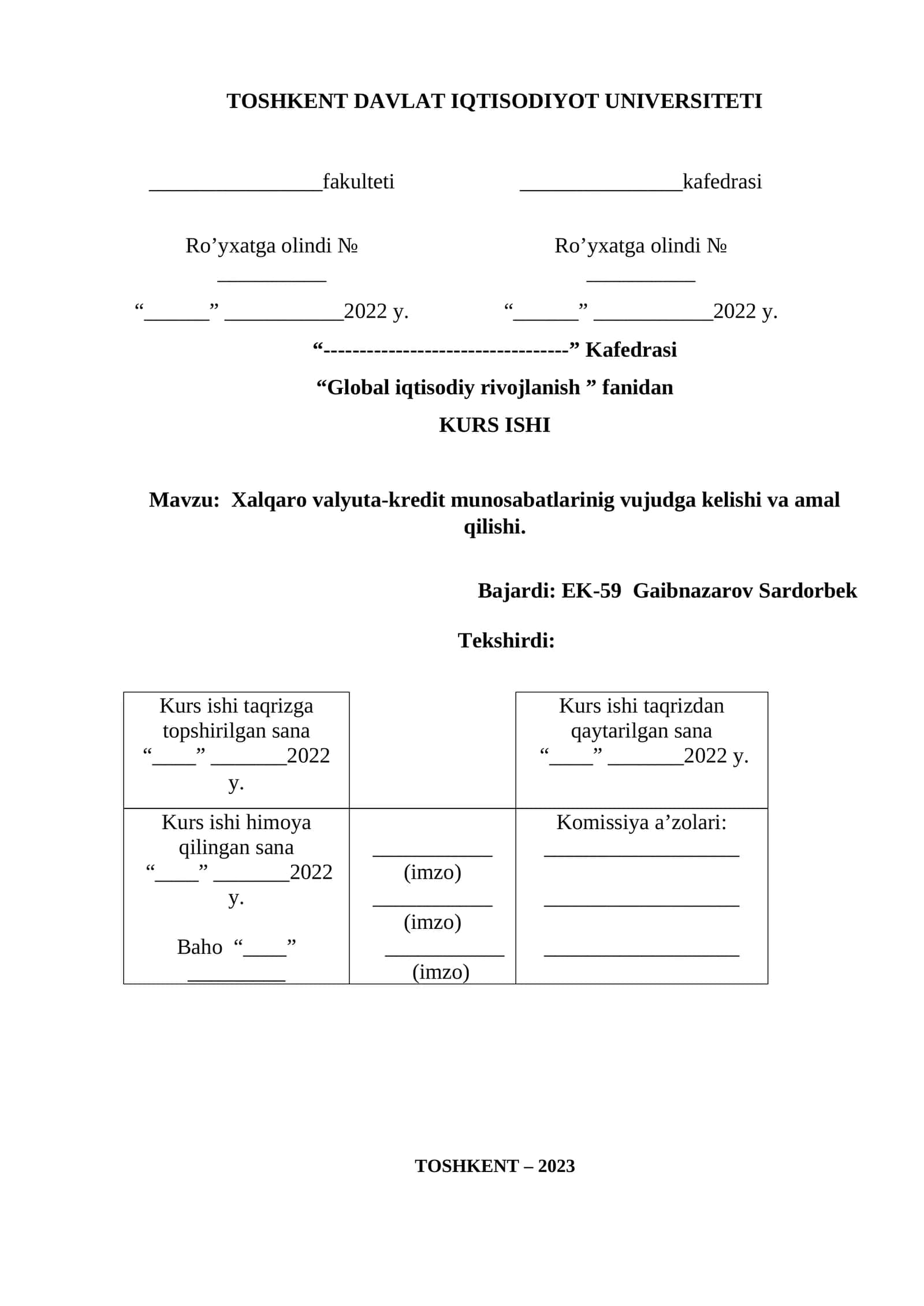 KURS ISHI: Zamonaviy moliya bozorlarining amal qilish qonuniyatlari