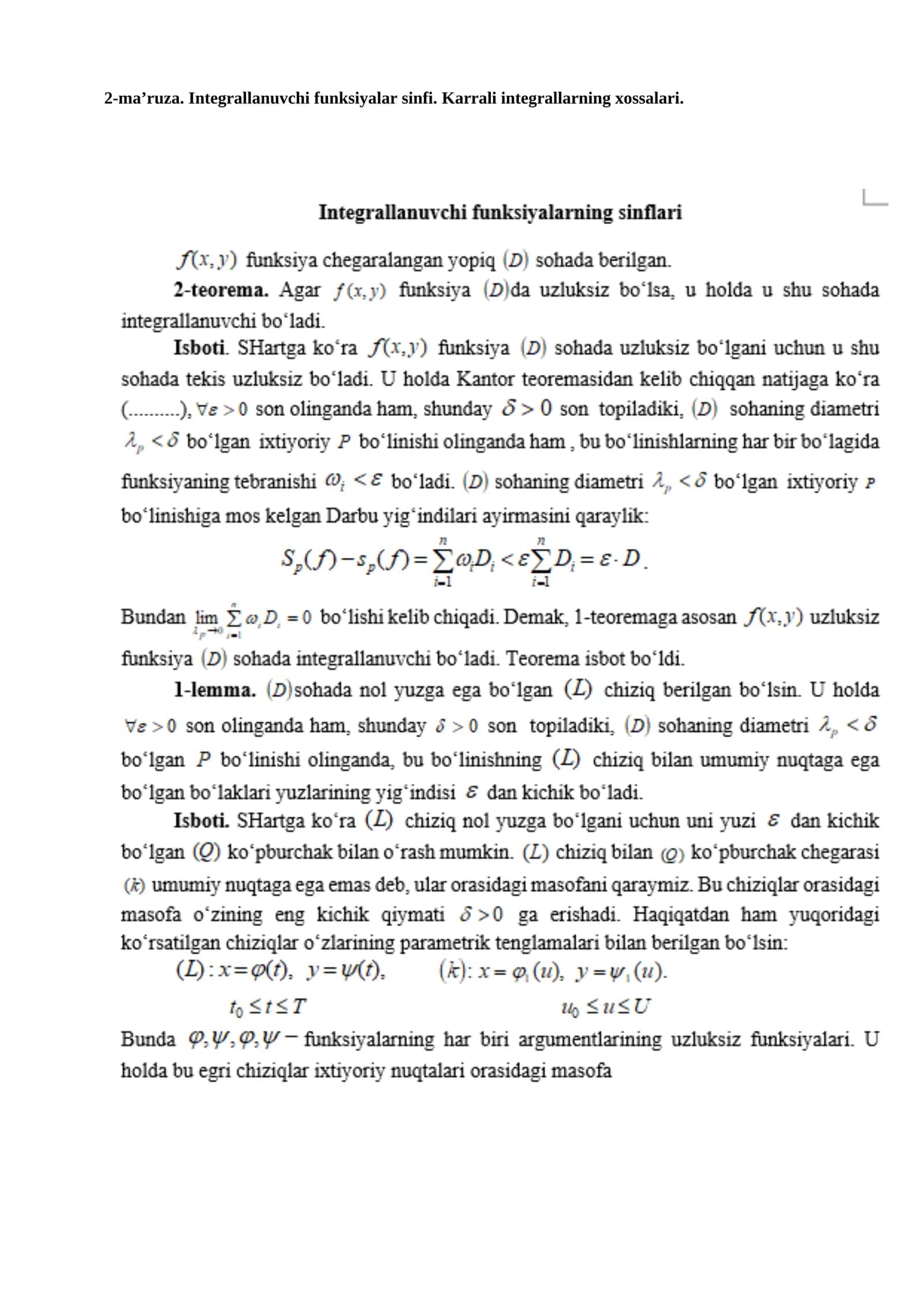 Integrallanuvchi funksiyalar sinfi