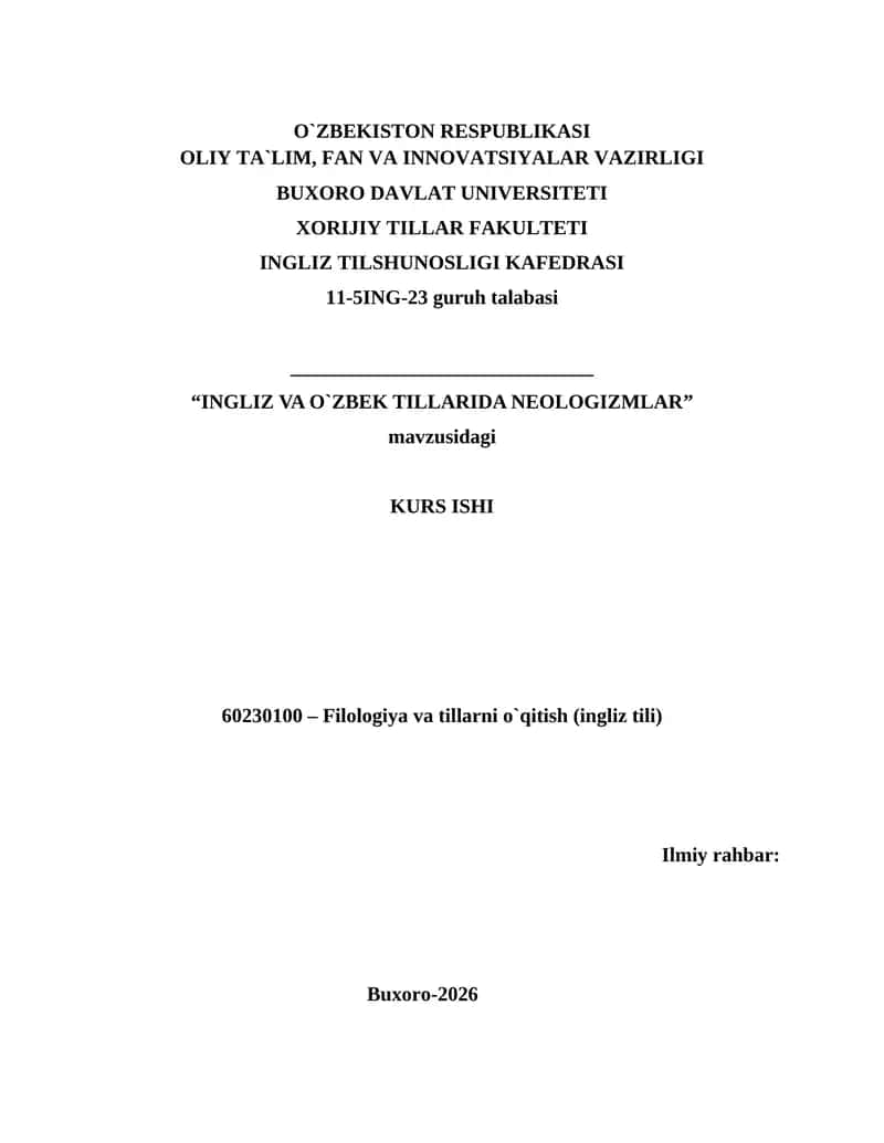 INGLIZ VA O`ZBEK TILLARIDA NEOLOGIZMLAR