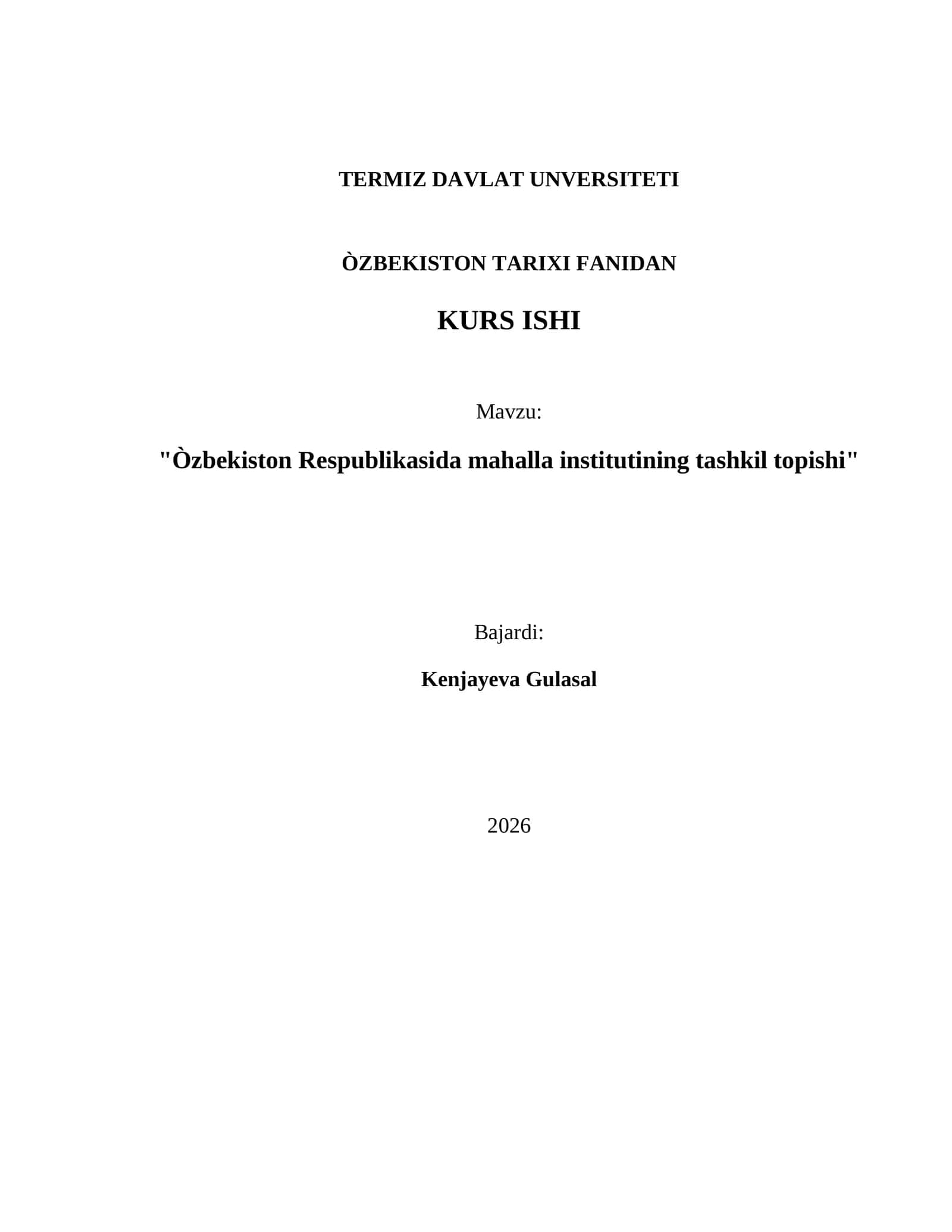 Òzbekiston Respublikasida mahalla institutining tashkil topishi
