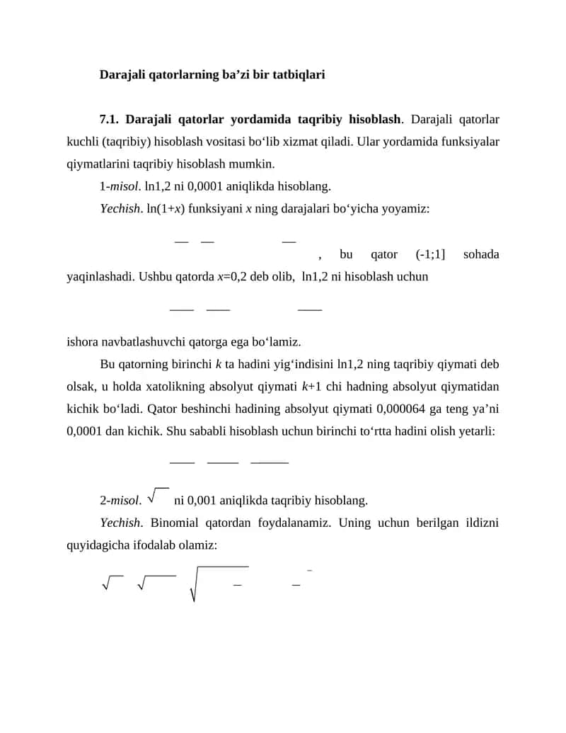 Darajali qatorlarning ba’zi bir tatbiqlari