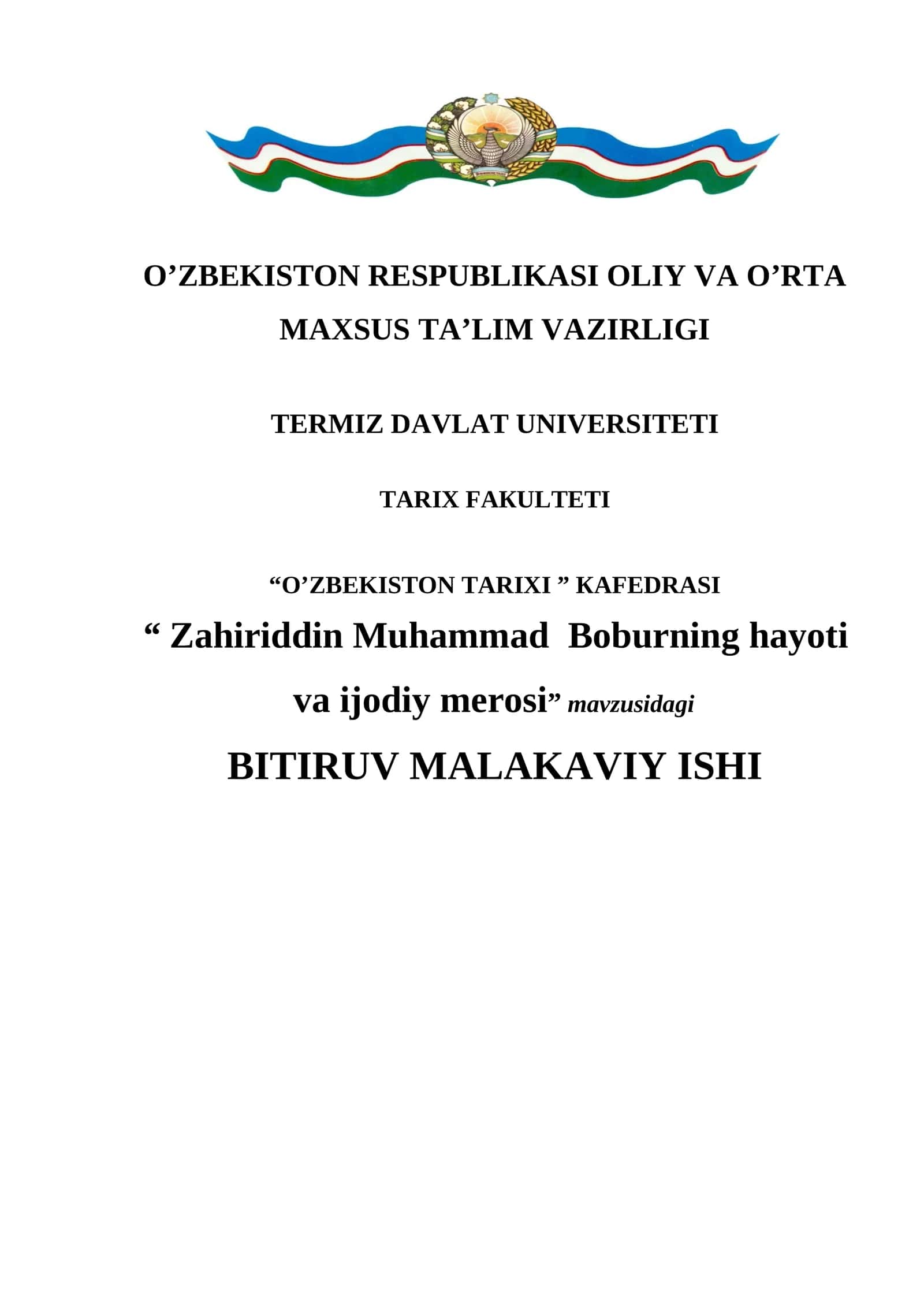 Zahiriddin Muhammad Boburning hayoti va ijodiy merosi