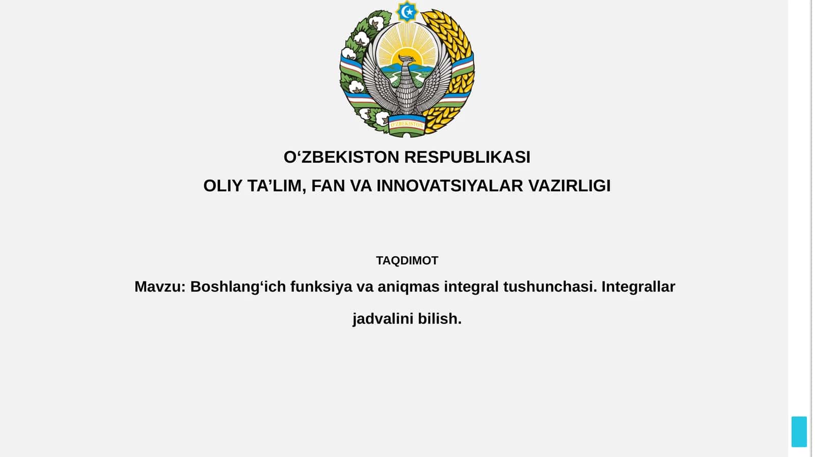 Boshlang‘ichfunksiyavaaniqmasintegraltushunchasi.Integrallarjadvalinibilish