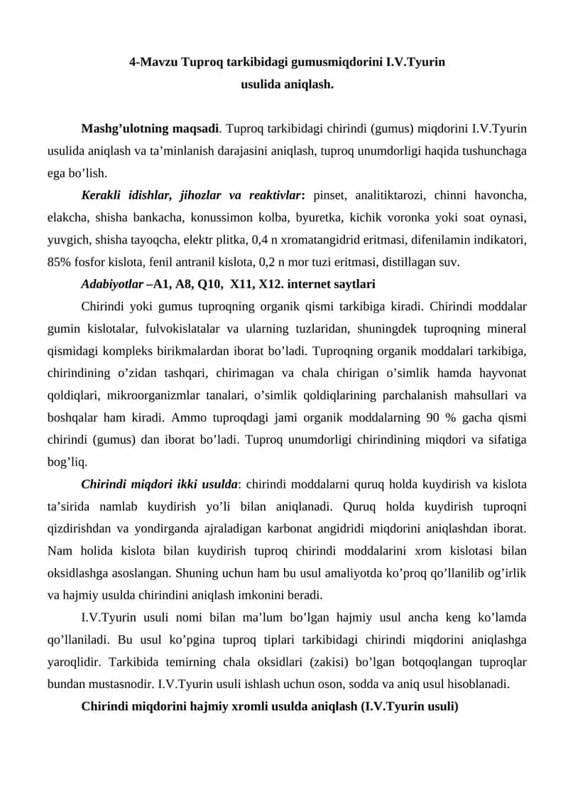 Tuproq tarkibidagi gumusmiqdorini I.V.Tyurin usulida aniqlash
