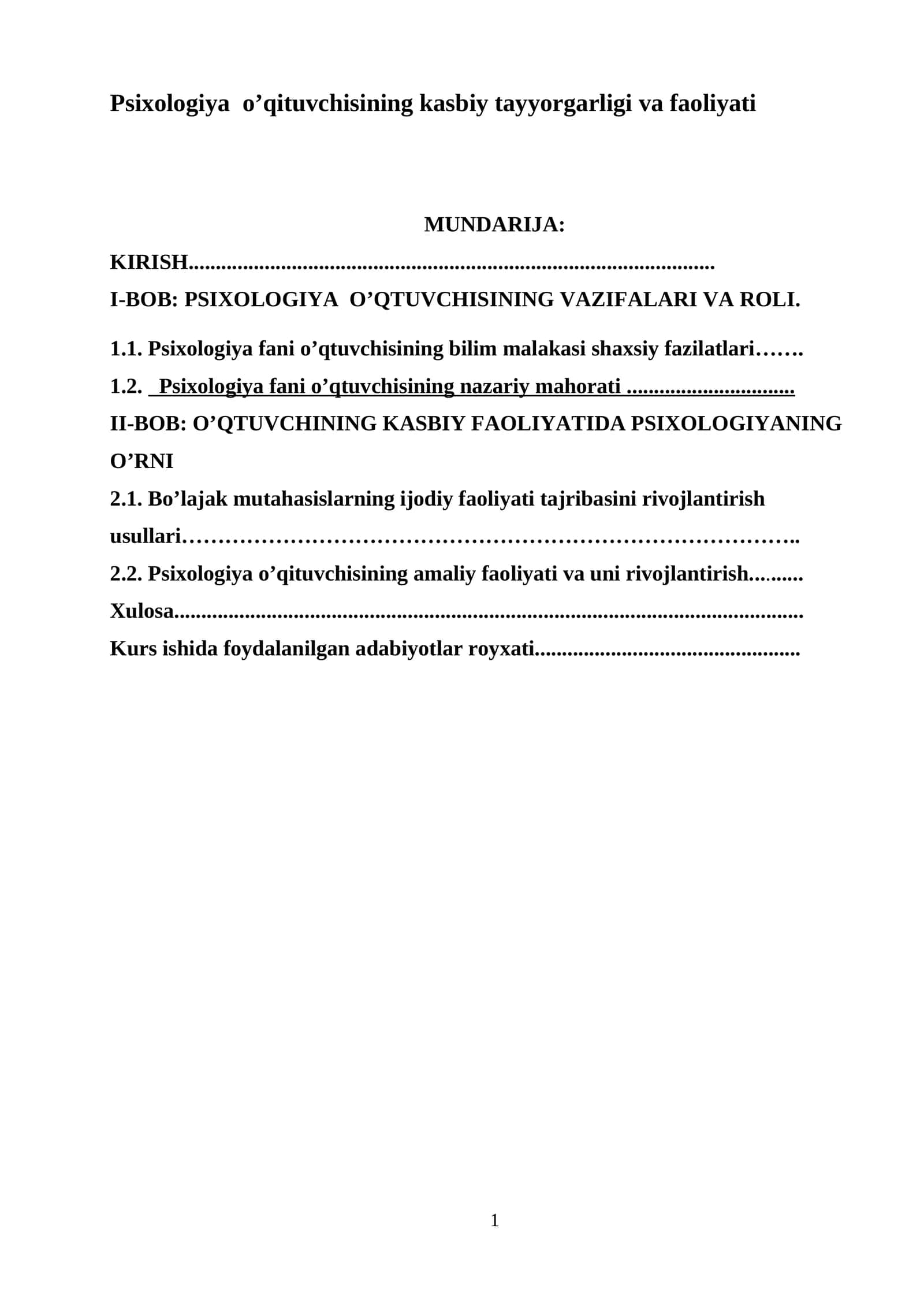 Psixologiya o’qituvchisining kasbiy tayyorgarligi va faoliyati