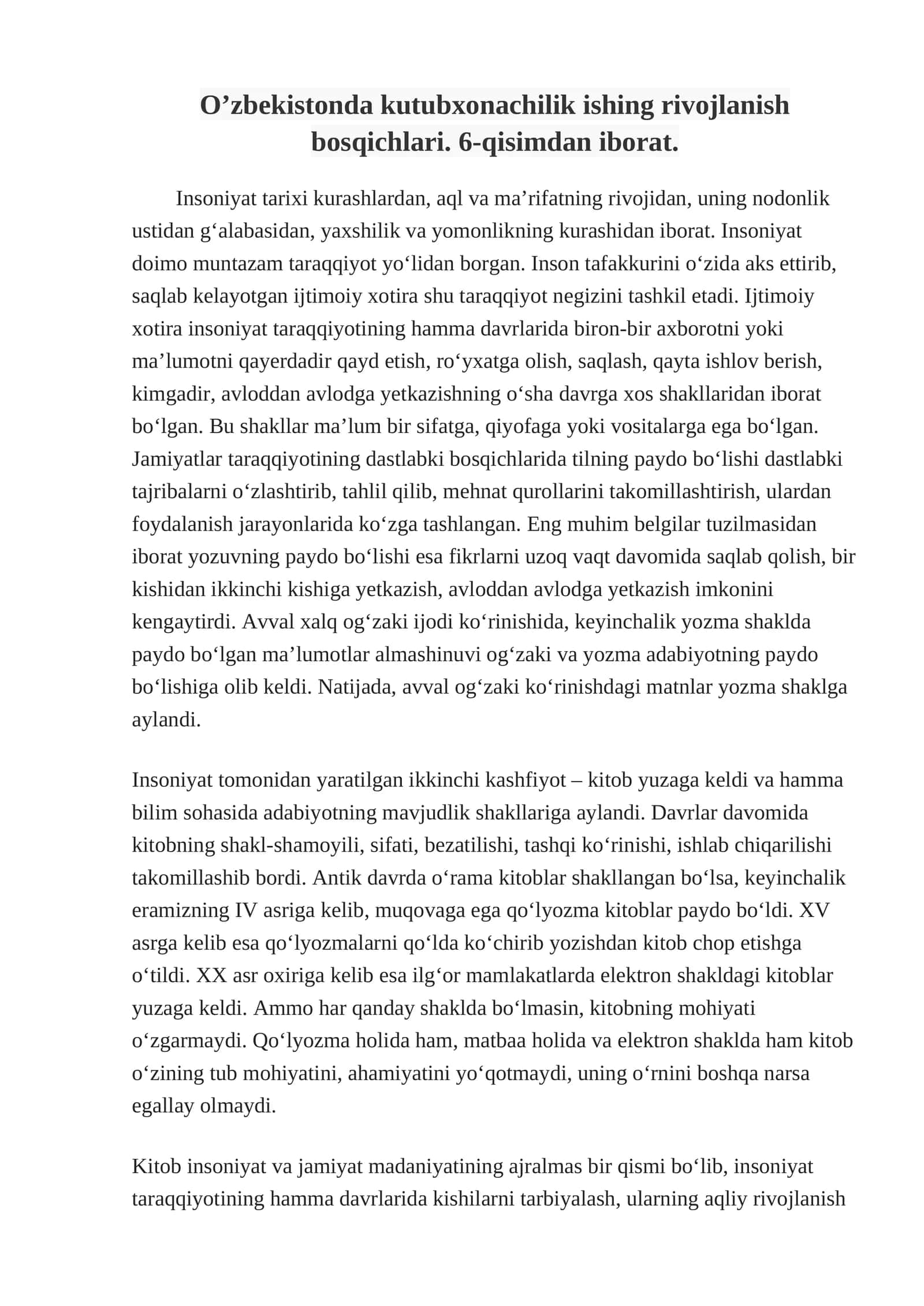 Insoniyat tarixi rivojlanish bosqichlari
