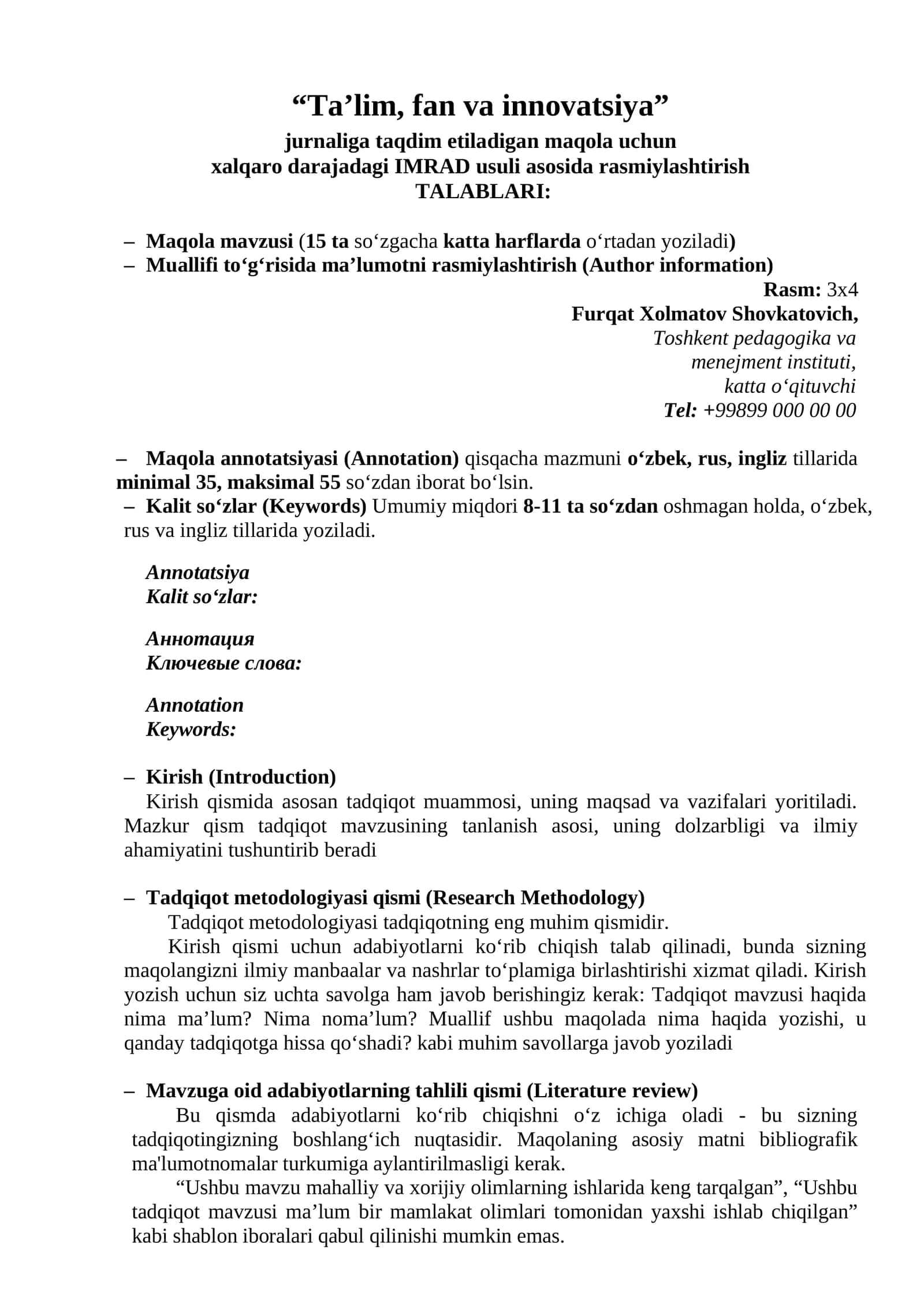 Ta'lim, fan va innovatsiya