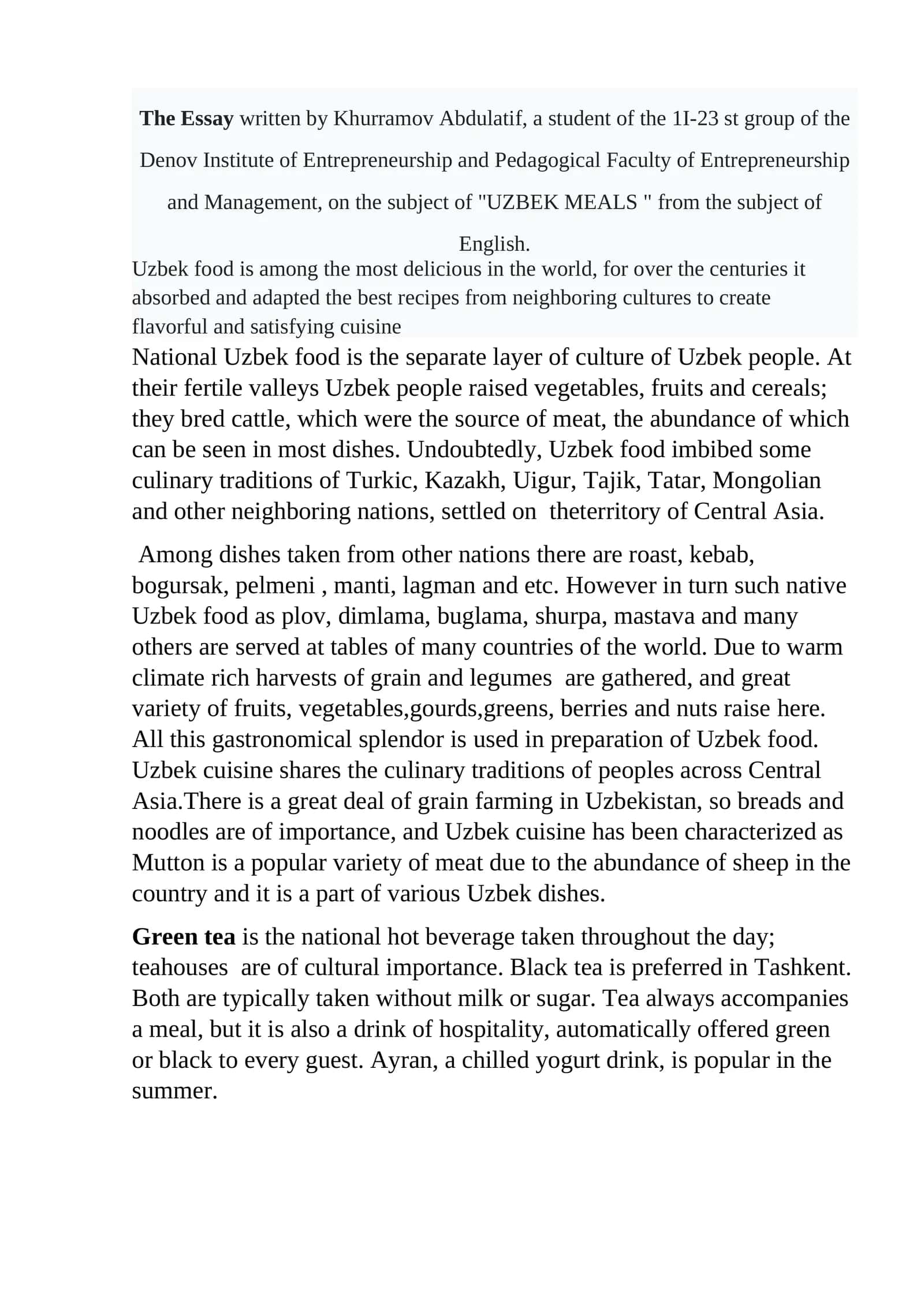 The Essay  Uzbek Meals