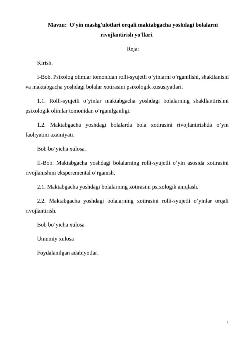 O'yin mashg'ulotlari orqali maktabgacha yoshdagi bolalarni rivojlantirish yo'llari