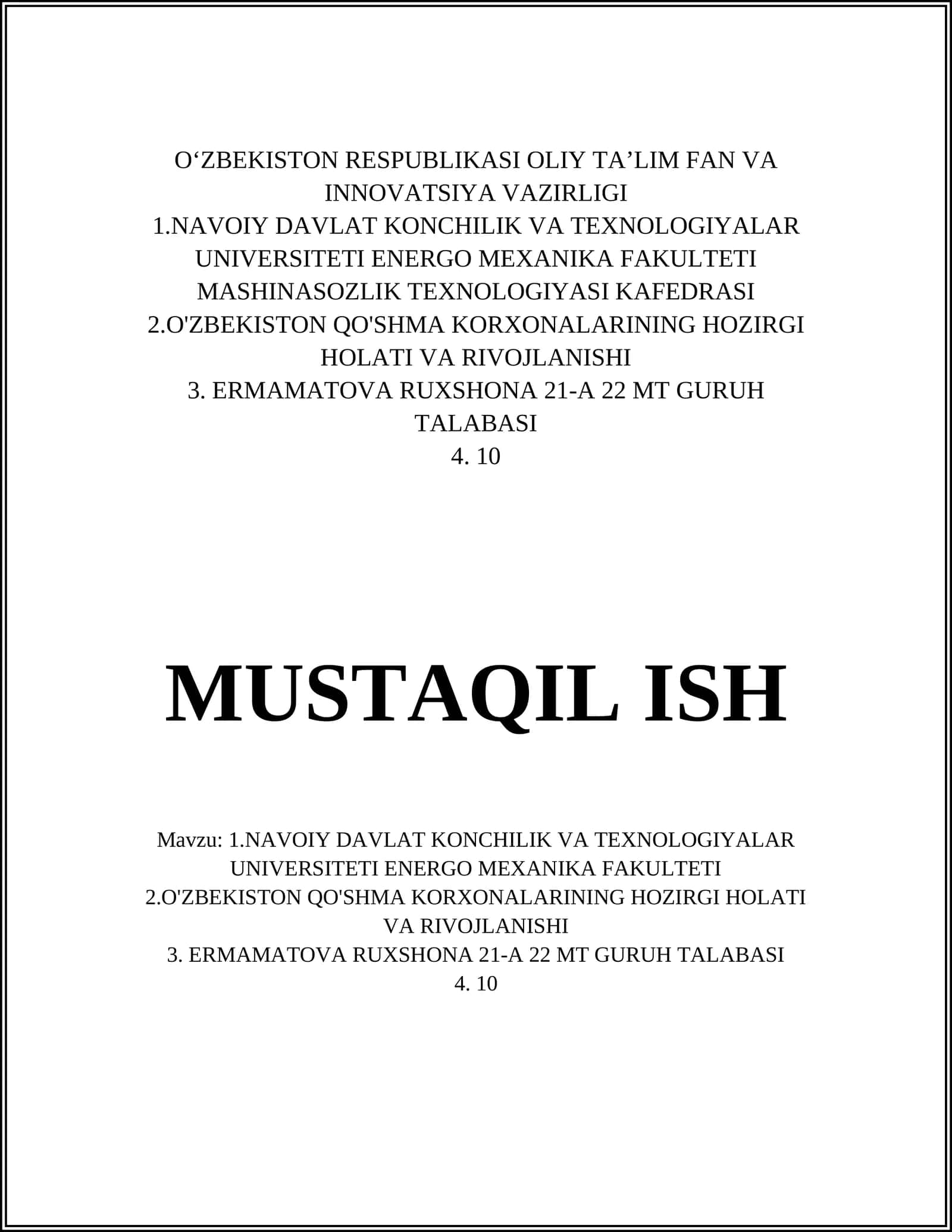 Navoiy Davlat Konchilik va Texnologiyalar Universiteti Energo MEXanika Fakulteti