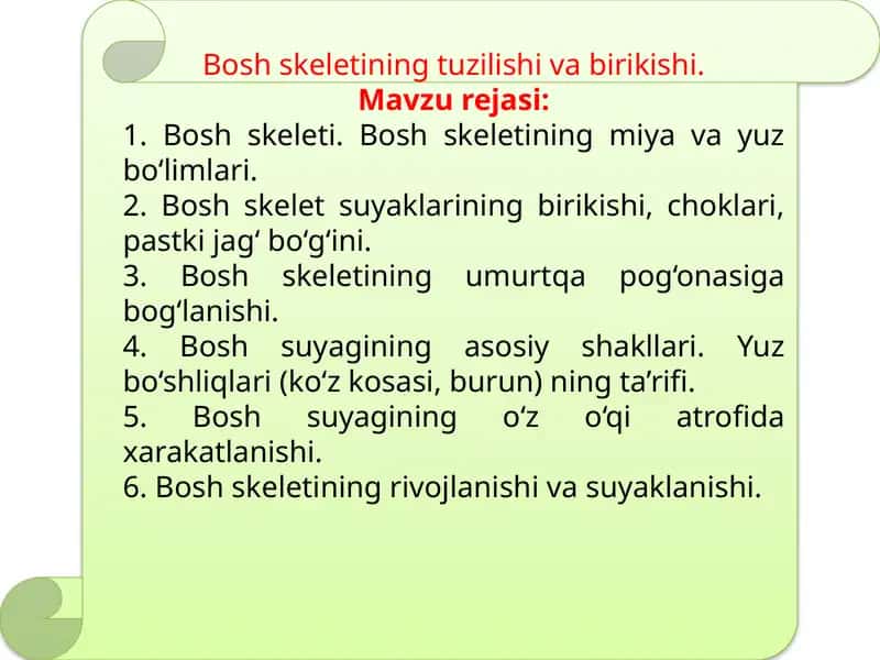 Bosh skeletining tuzilishi va birikishi