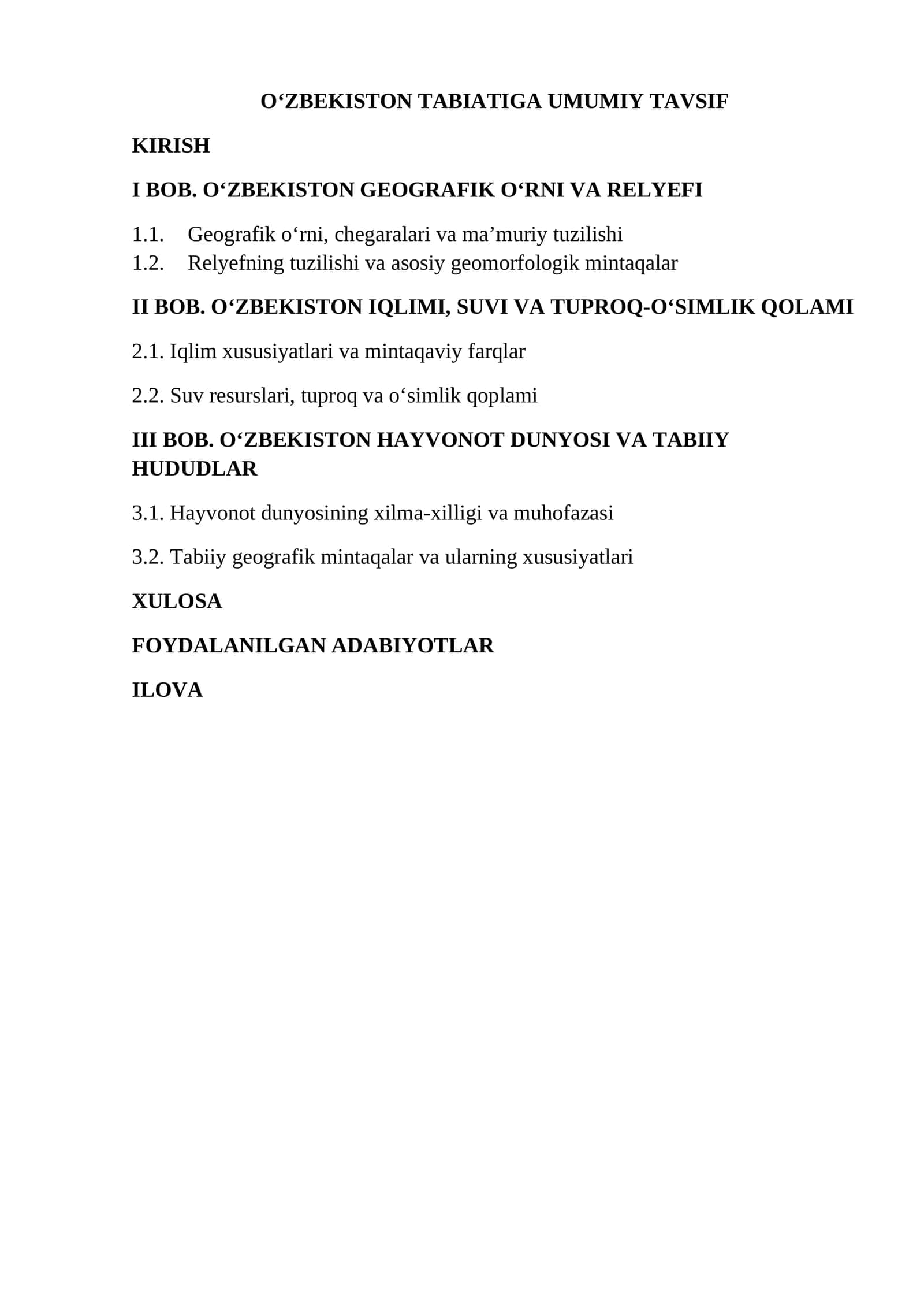 O'ZBEKISTON TABIATIGA UMUMIY TAVSIF