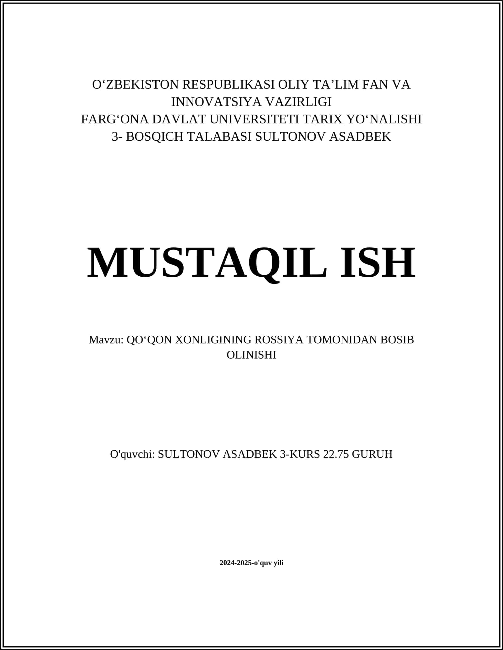 QO‘QON XONLIGINING ROSSIYA TOMONIDAN BOSIB OLINISHI