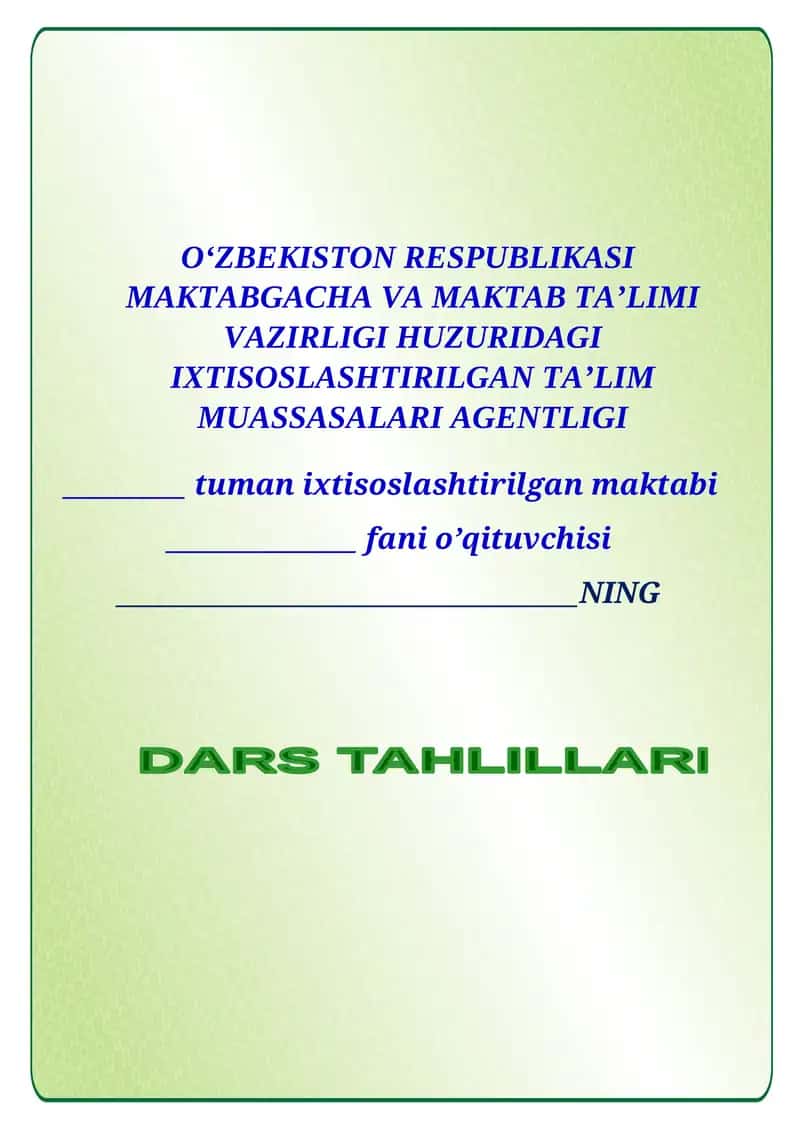 DARS TAHLIL daftar betlik Ixtisoslashtirilgan makatablar uchun