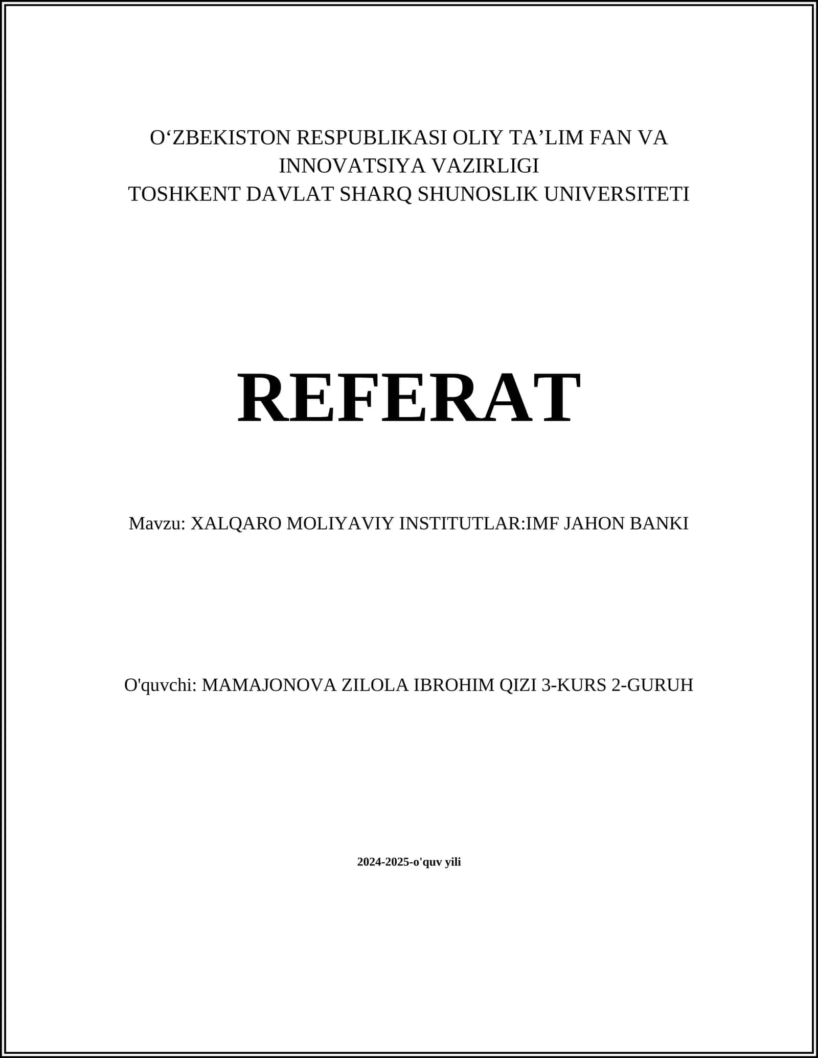 Xalqaro moliyaviy institutlar: IMF Jahon Banki