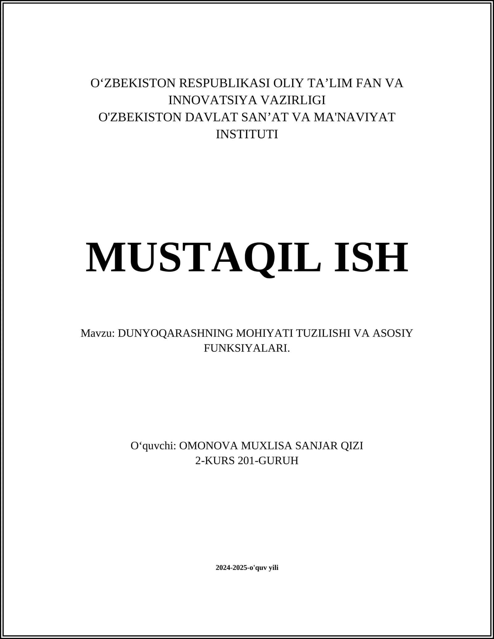 DUNYOQARASHNING MOHIYATI TUZILISHI VA ASOSIY FUNKSIYALARI