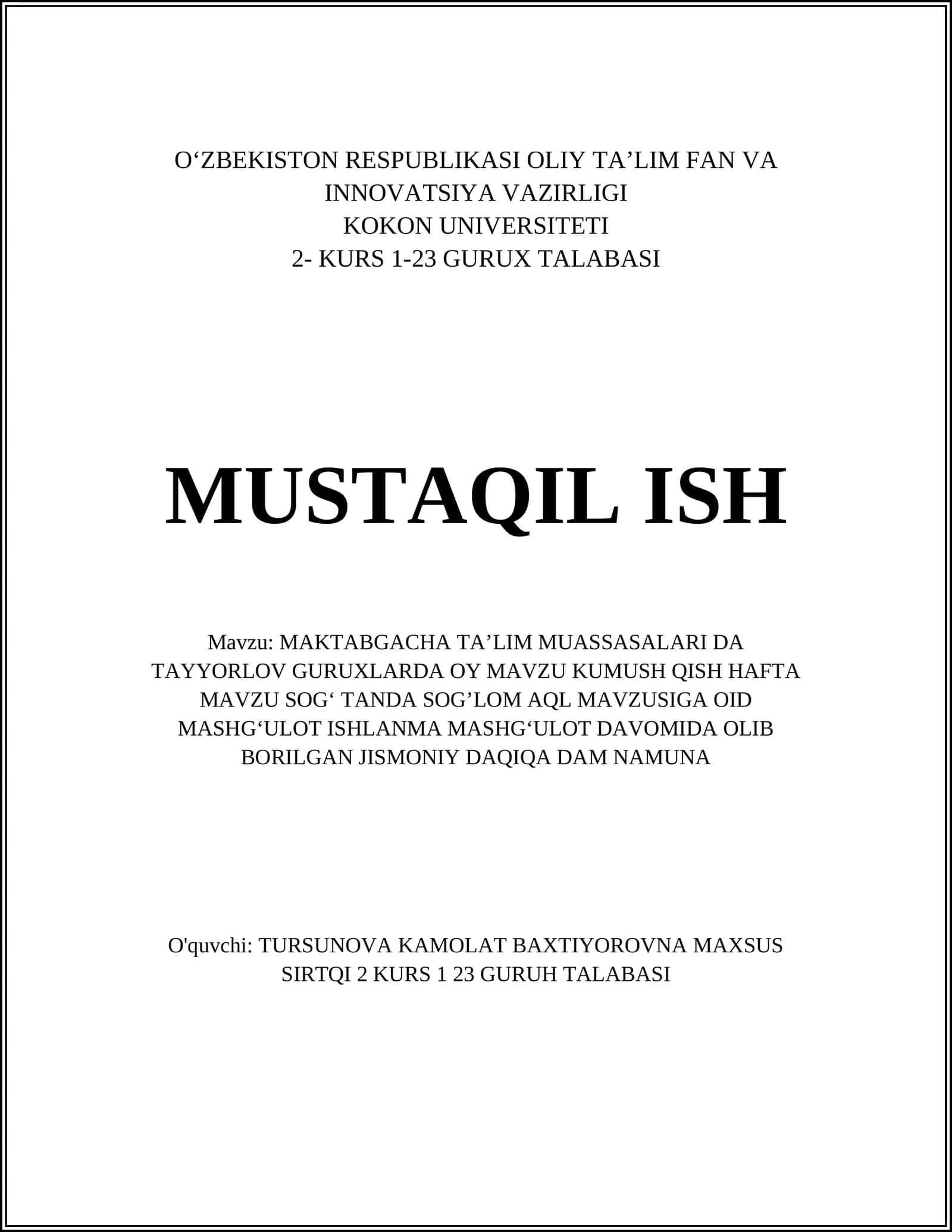 MAKTABGACHA TAʼLIM MUASSASALARI DA TAYYORLOV GURUXLARDA OY