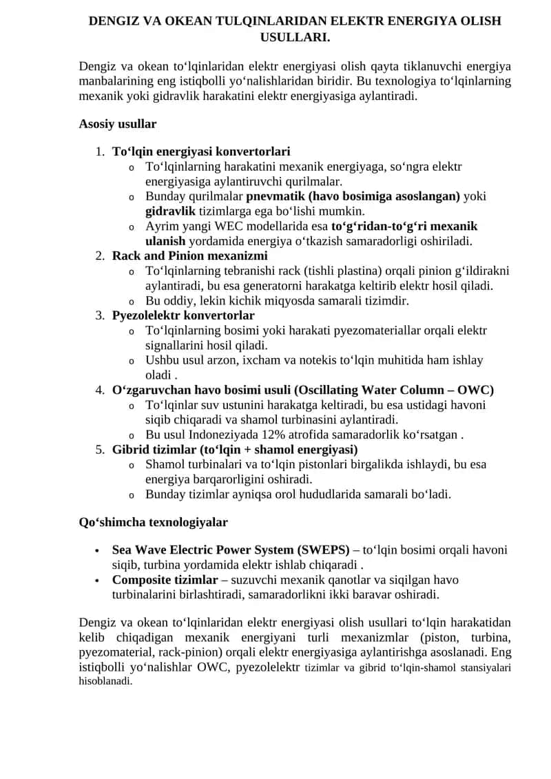 Dengiz va okean tulqinlaridan elektr energiya olish usullari