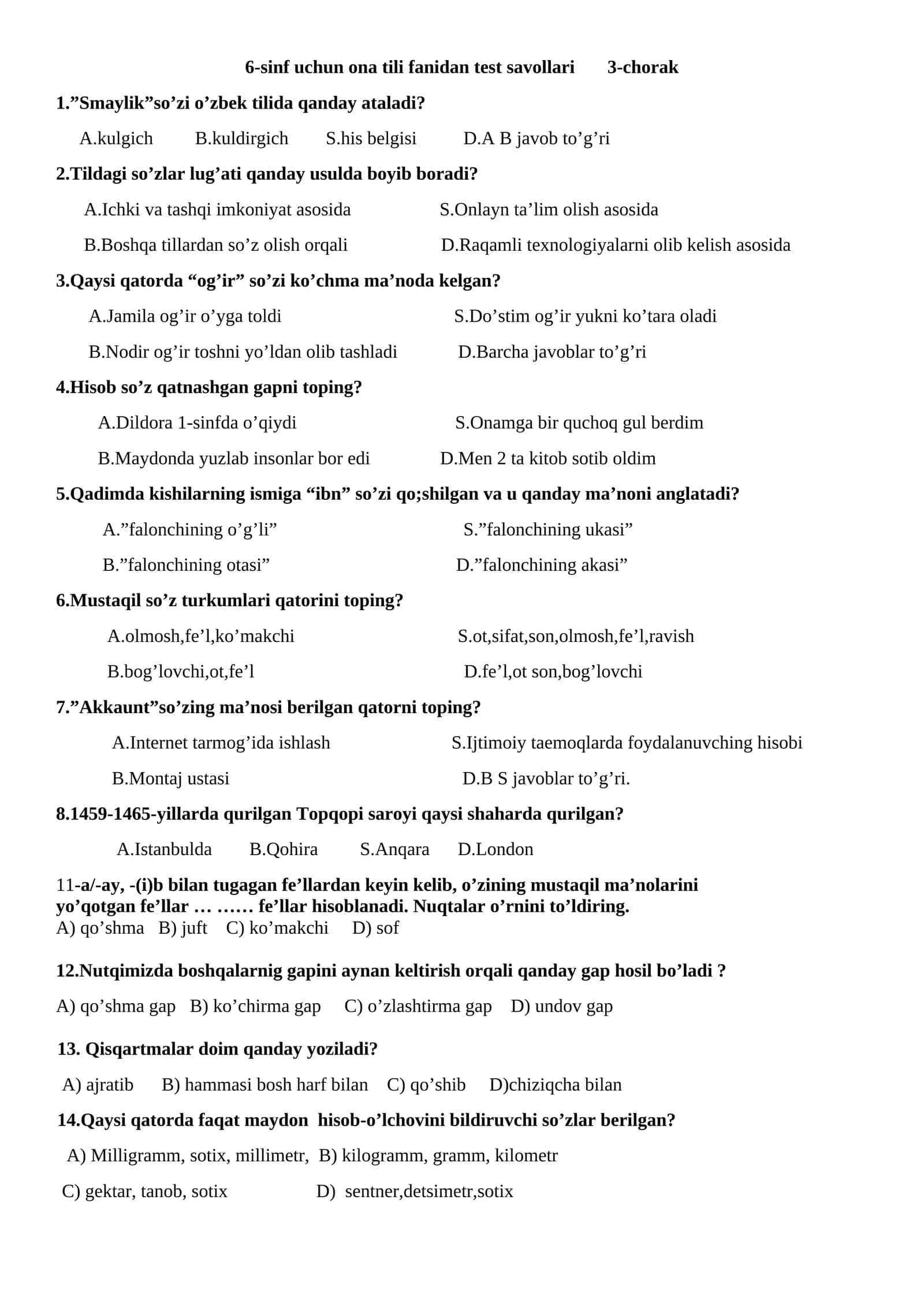 6-sinf uchun ona tili fanidan test savollari 3-chorak