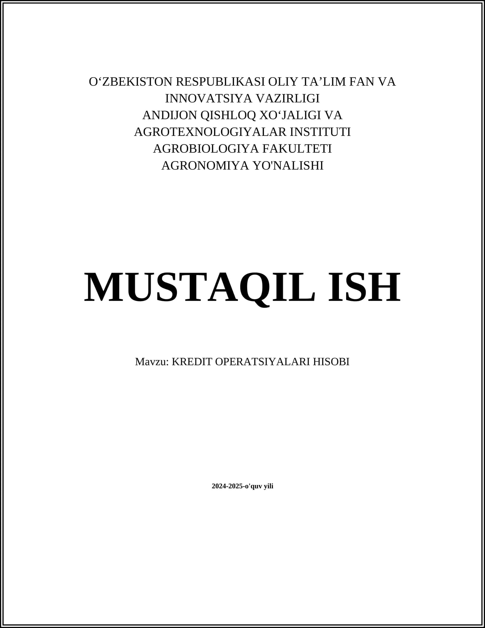 KREDIT OPERATSIYALARI HISOBI