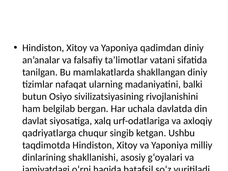 Hindiston, Xitoy va Yaponiya Milliy Dinlari