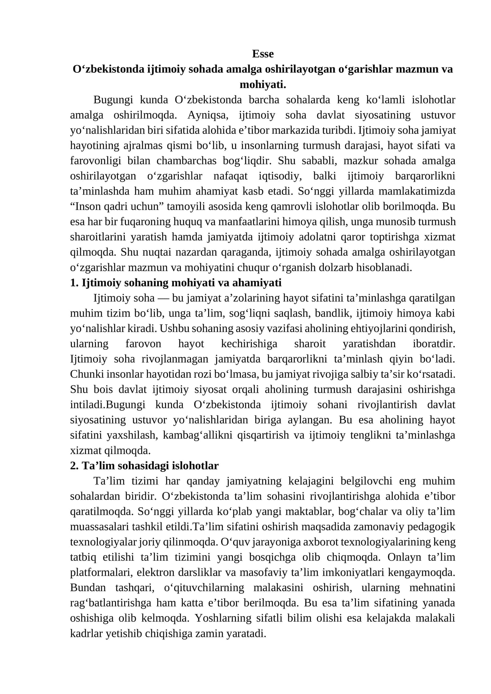 O‘zbekistonda ijtimoiy sohada amalga oshirilayotgan o‘garishlar mazmun va mohiyati.