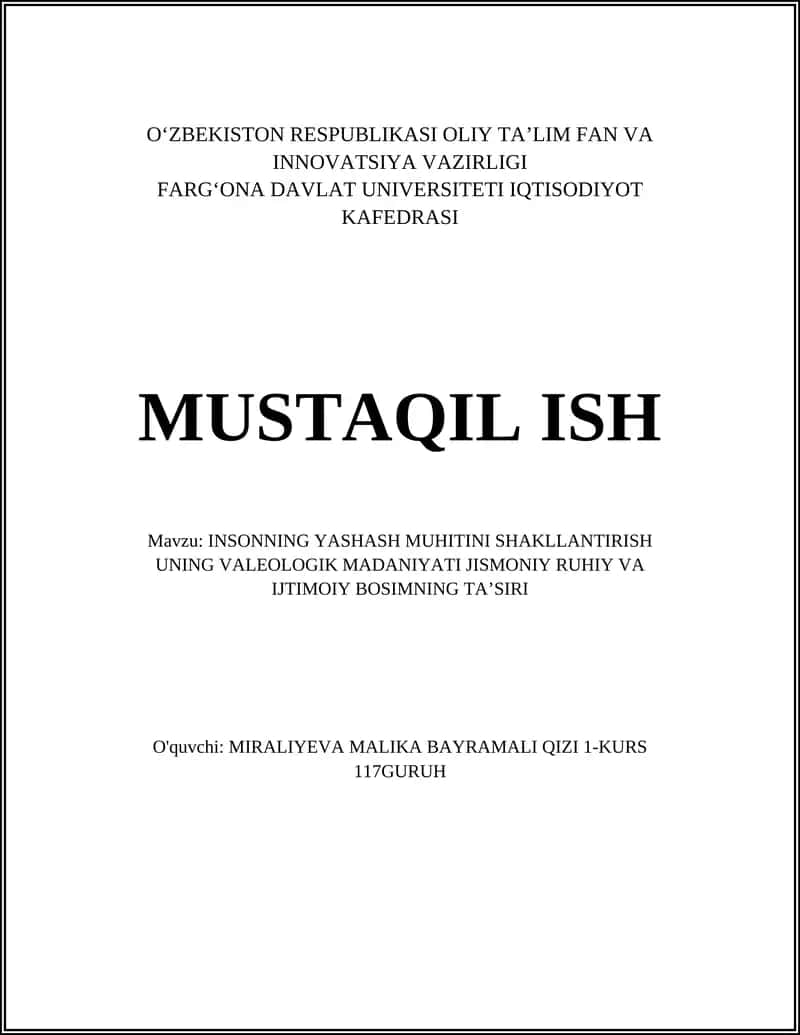 INSONNING YASHASH MUHITINI SHAKLLANTIRISH UNING VALEOLOGIK MADANIYATI JISMONIY RUHIY VA IJTIMOIY BOSIMNING TA’SIRI