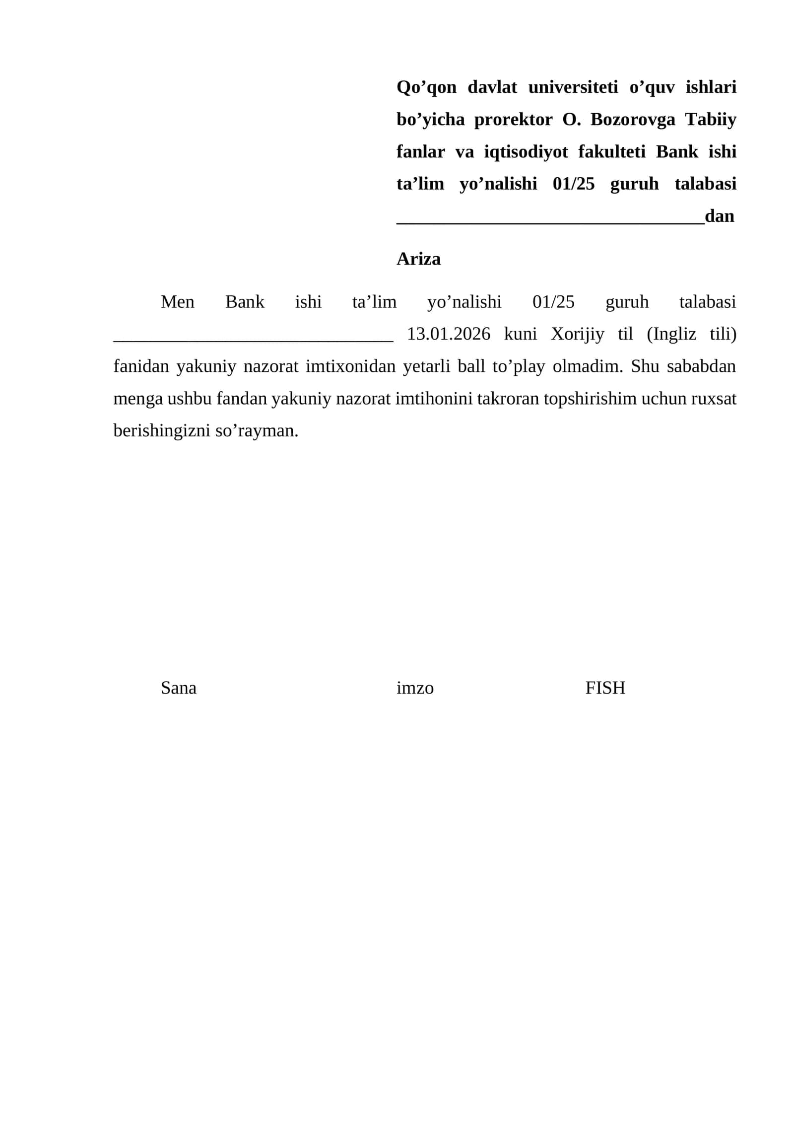 Bank ishi ta’lim yo’nalishi 01/25 guruh talabasi