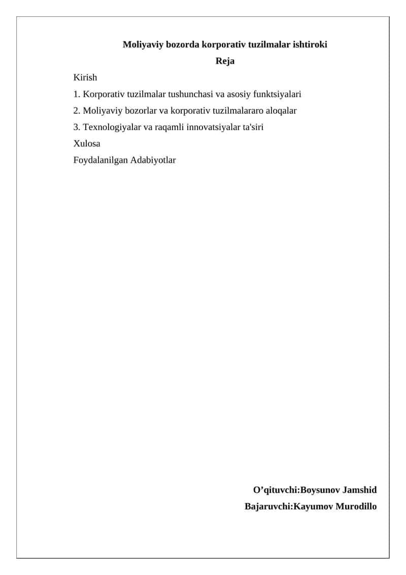 Moliyaviy bozorda korporativ tuzilmalar ishtiroki