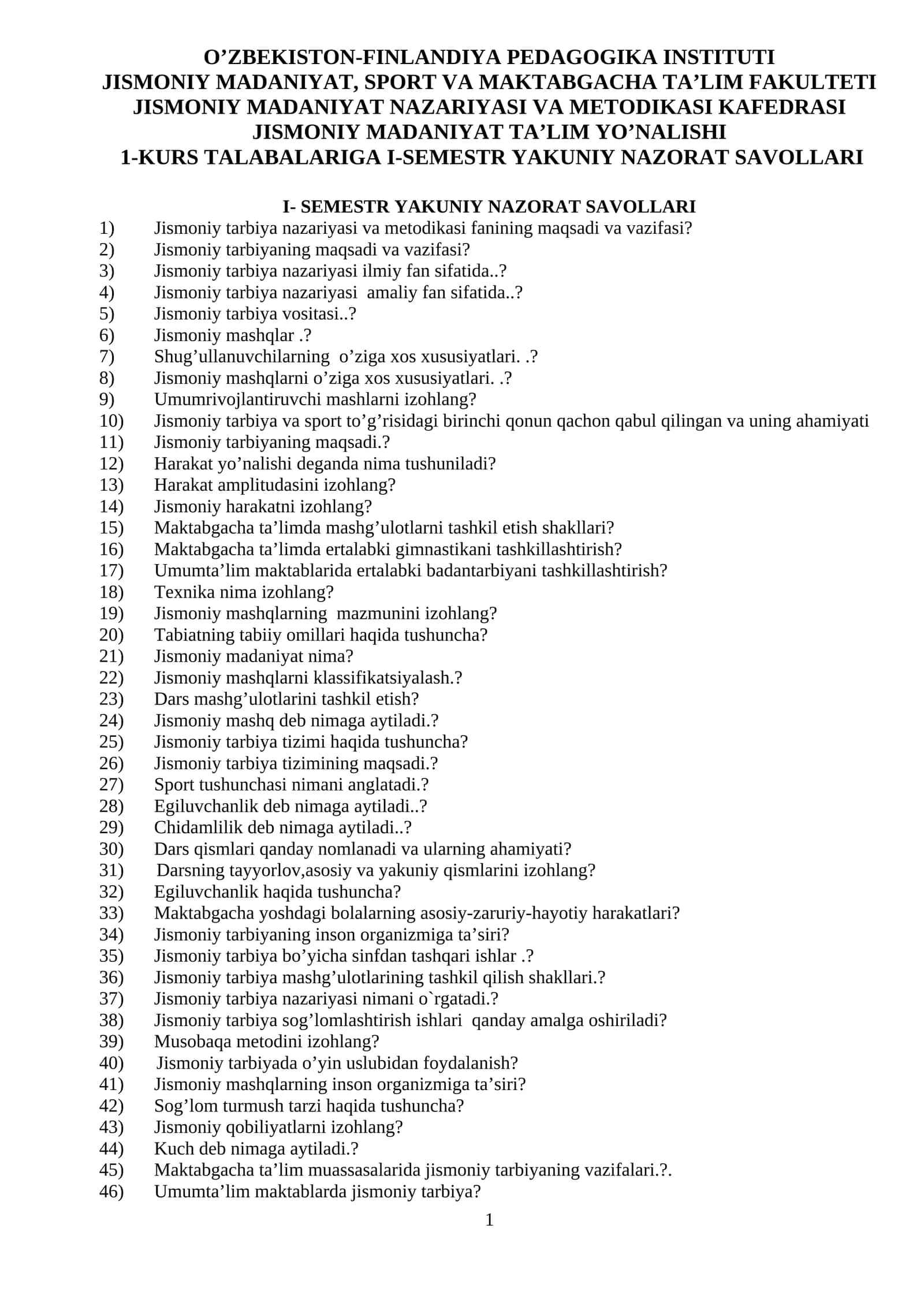 I-semestr yakuniy nazorat savollari