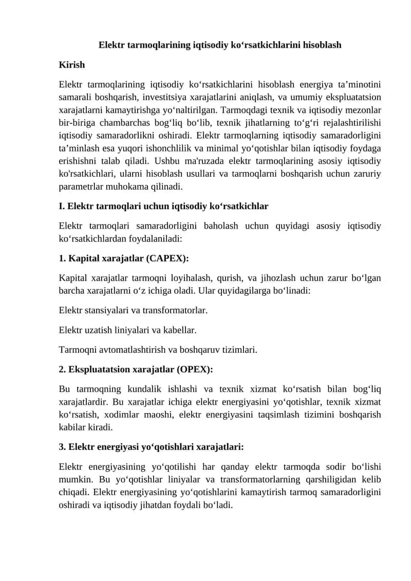Elektr tarmoqlarining iqtisodiy ko‘rsatkichlarini hisoblash
