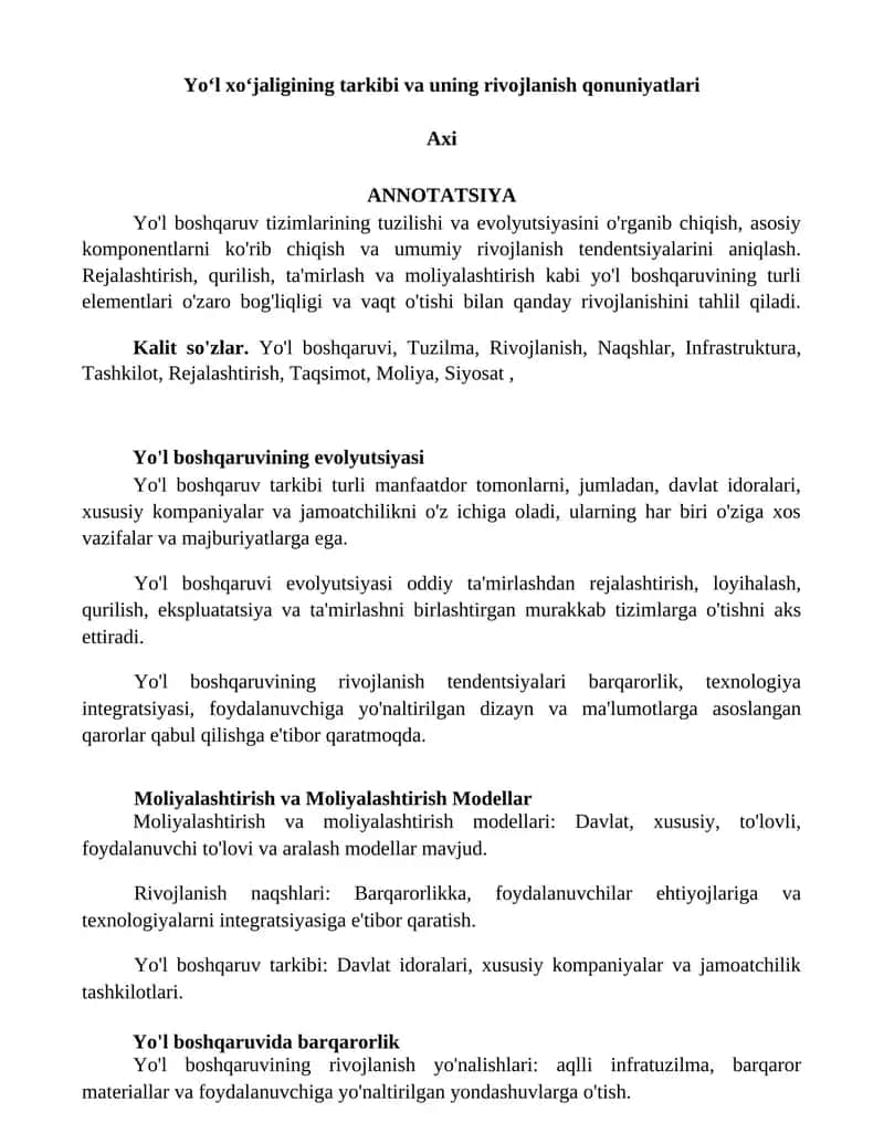 Yoʻl xoʻjaligining tarkibi va uning rivojlanish qonuniyatlari
