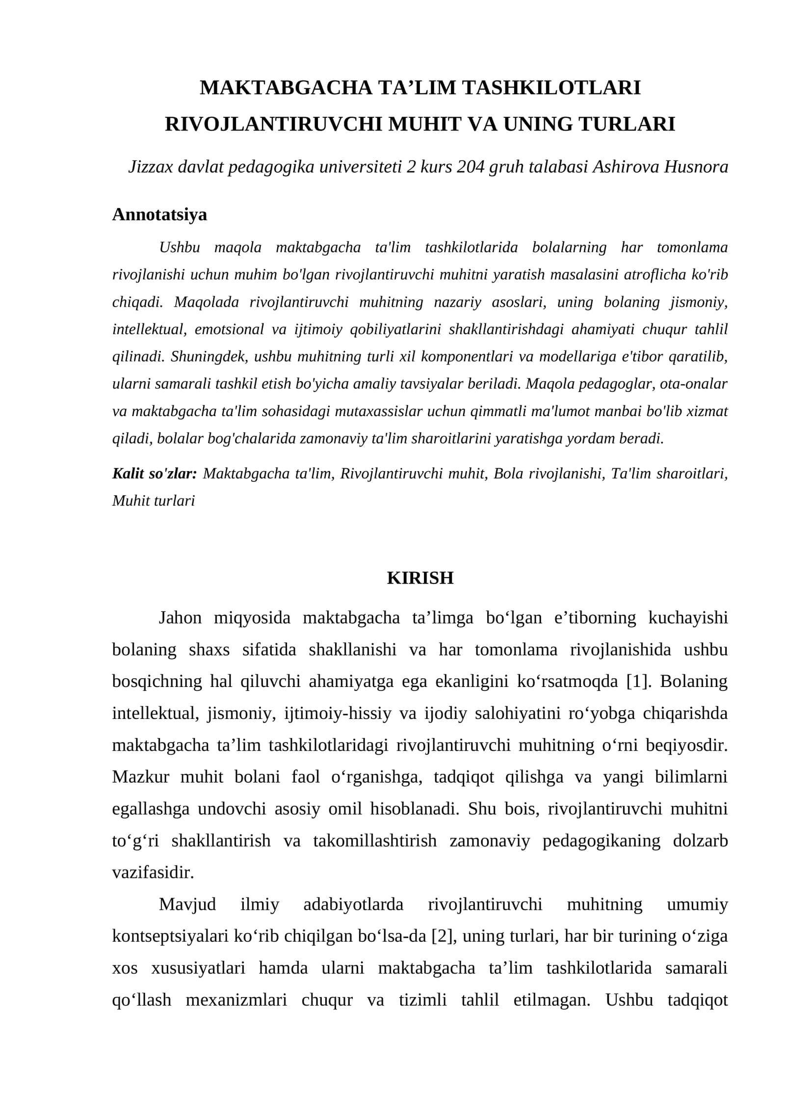 MAKTABGACHA TAʼLIM TASHKILOTLARI RIVOJLANTIRUVCHI MUHIT VA UNING TURLARI