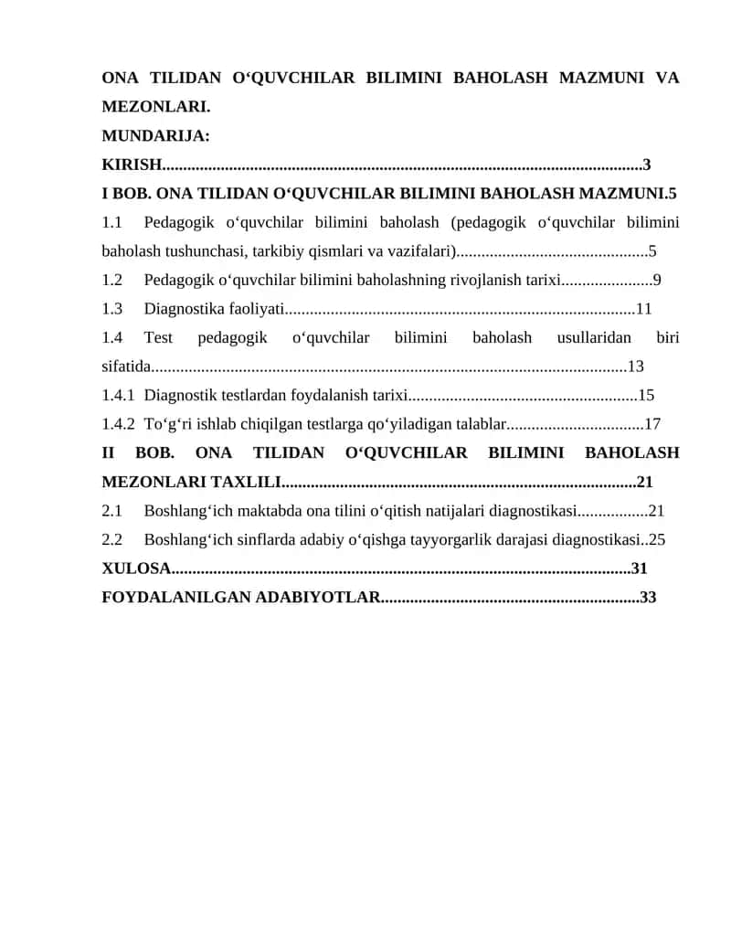 ONA TILIDAN OʻQUVCHILAR BILIMINI BAHOLASH MAZMUNI VA MEZONLARI