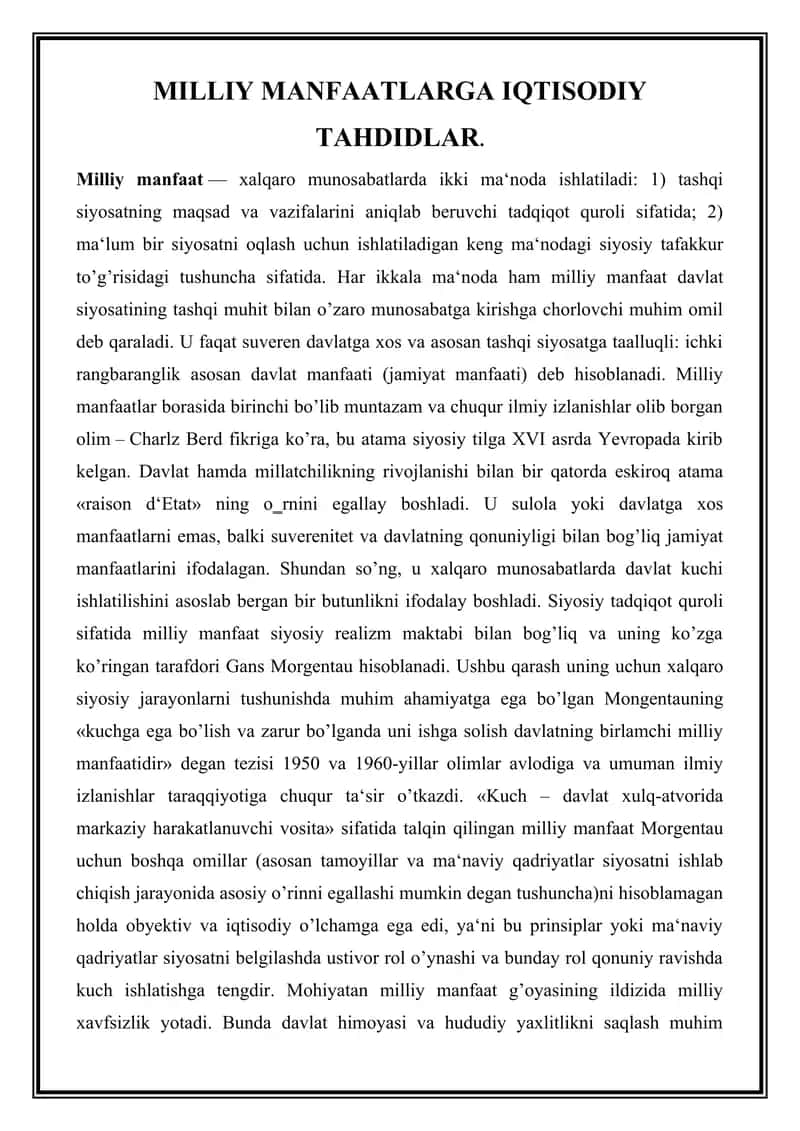 MILLIY MANFAATLARGA IQTISODIY TAHDIDLAR