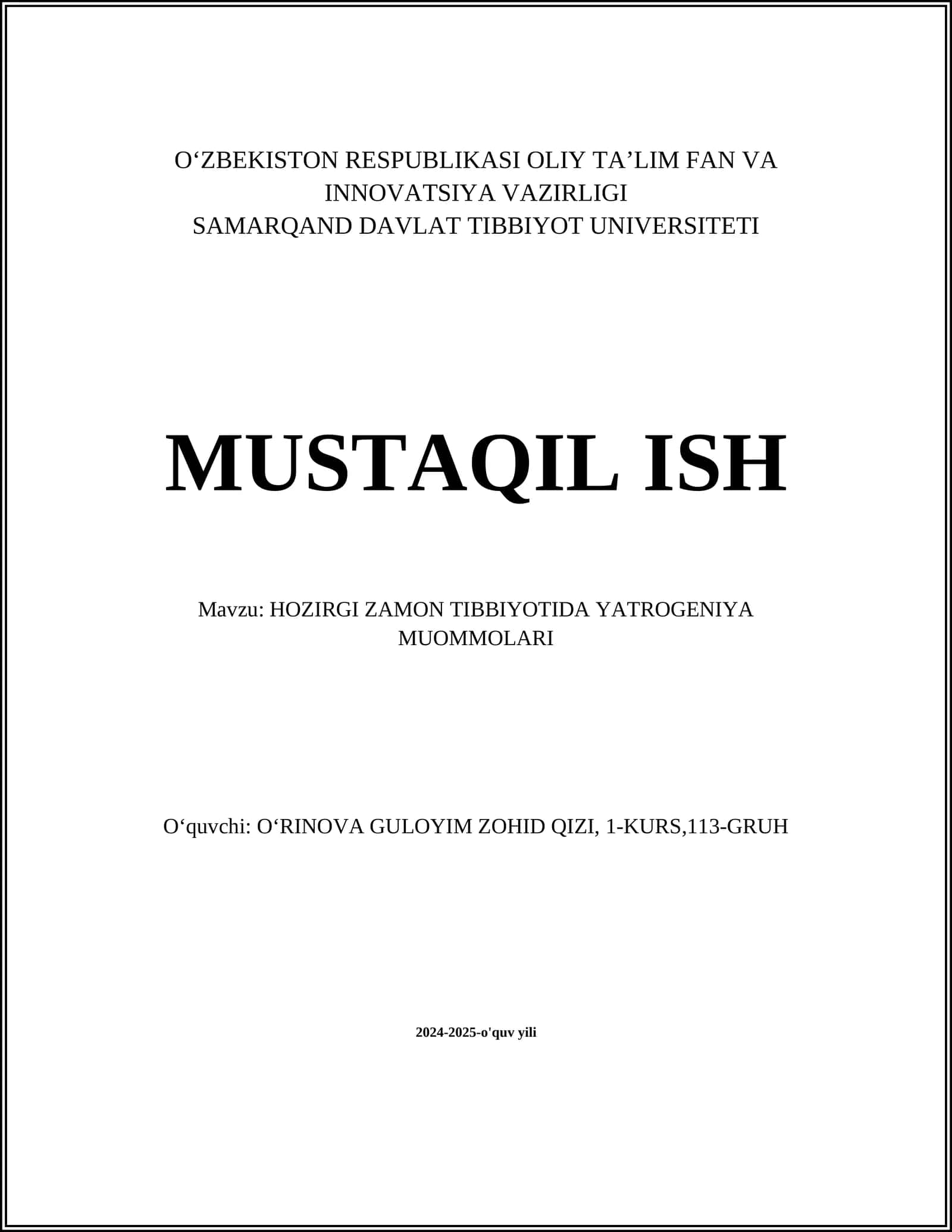HOZIRGI ZAMON TIBBIYOTIDA YATROGENIYA MUOMMOLARI