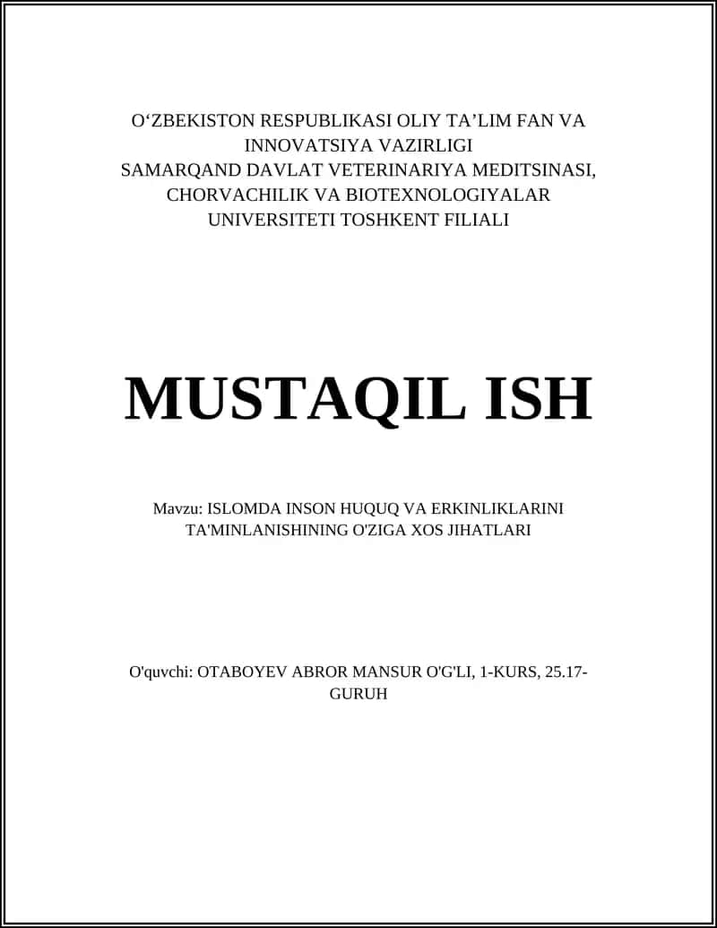 ISLOMDA INSON HUQUQ VA ERKINLIKLARINI TA'MINLANISHINING O'ZIGA XOS JIHATLARI