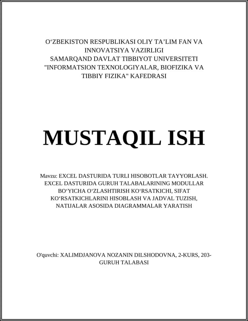 EXCEL DASTURIDA TURLI HISOBOTLAR TAYYORLASH
