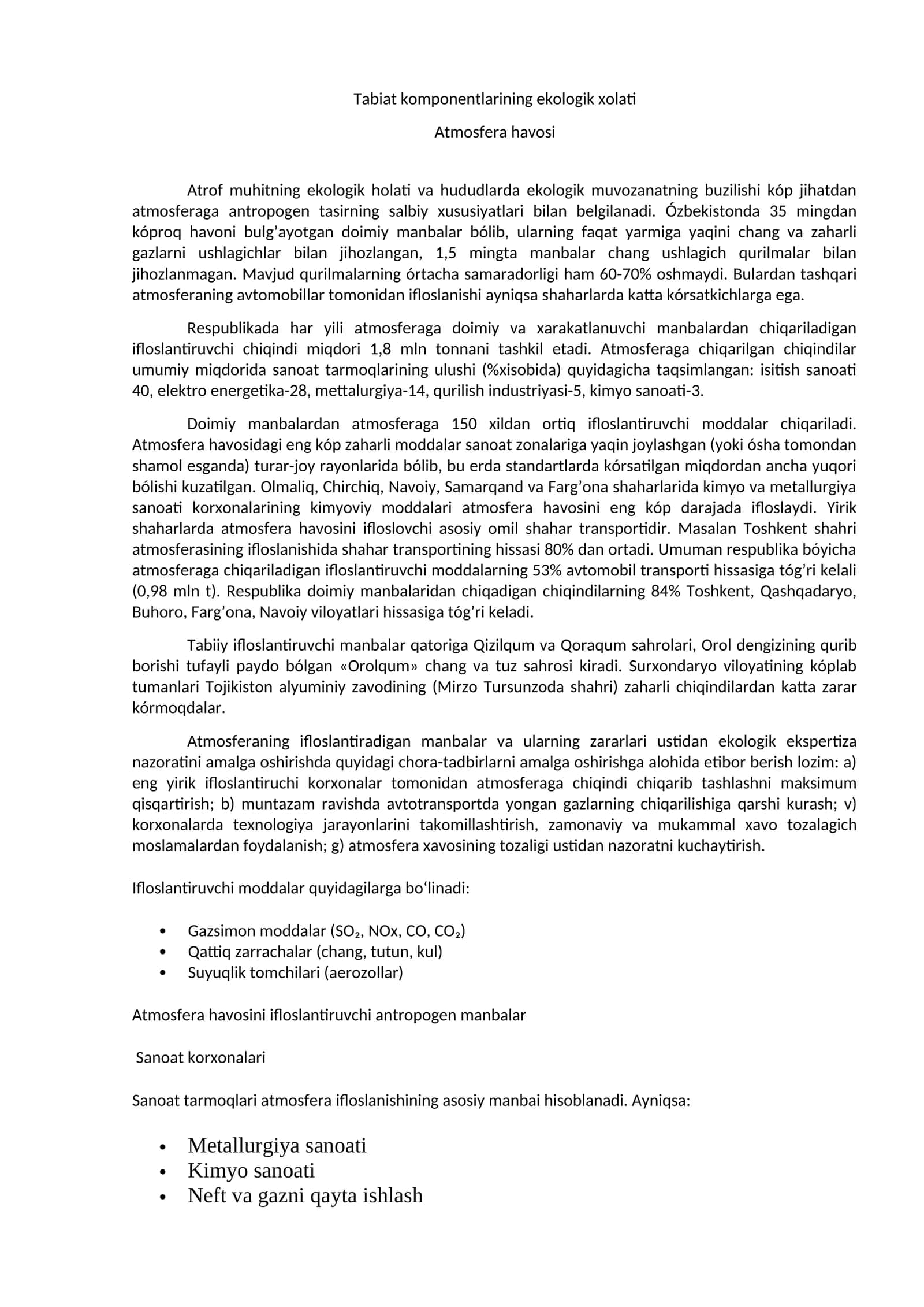 Tabiat komponentlarining ekologik xolati