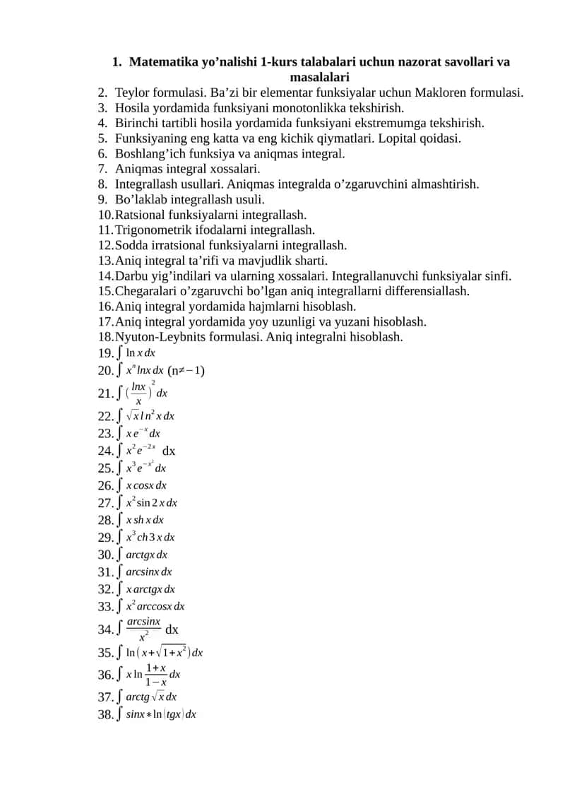 Matematika yo’nalishi 1-kurs talabalari uchun nazorat savollari va masalalari