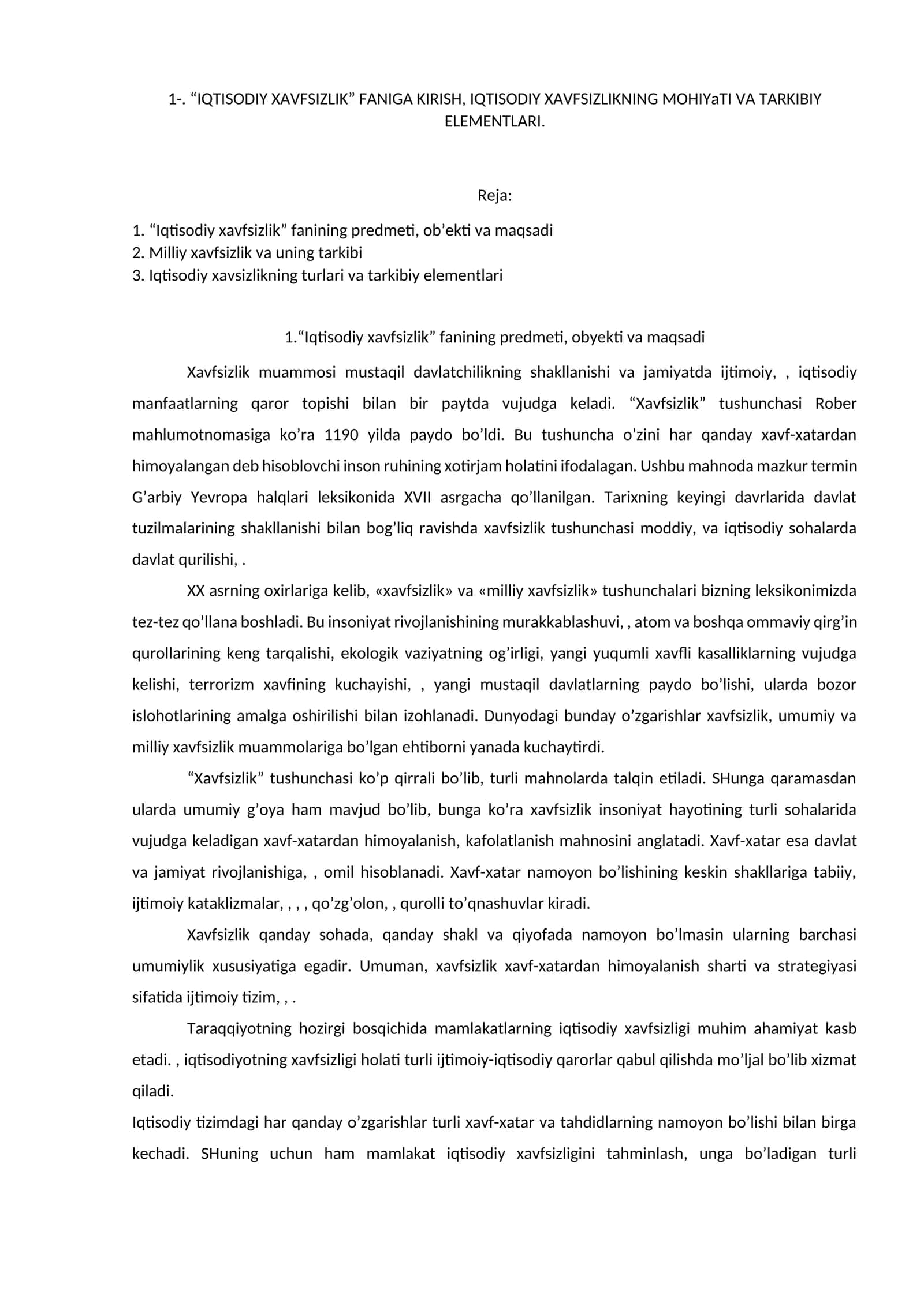 "IQTISODIY XAVFSIZLIK" FANIGA KIRISH