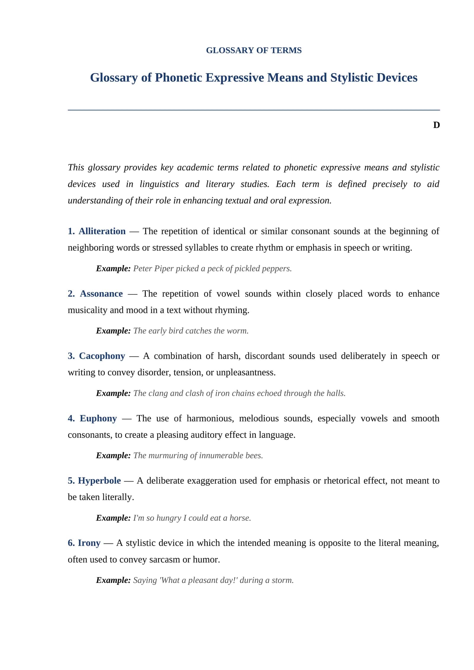 Glossary of Phonetic Expressive Means and Stylistic Devices