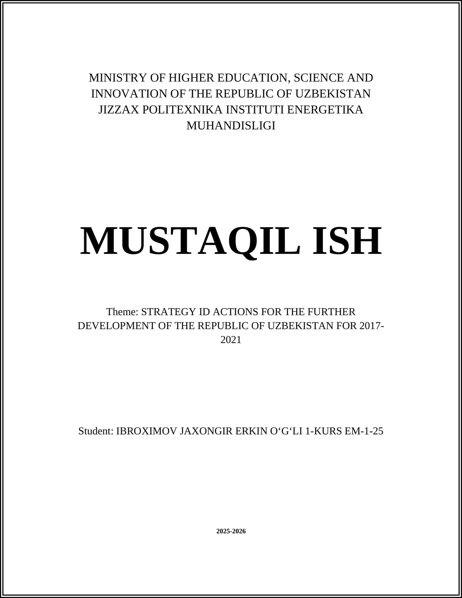 STRATEGY ID ACTIONS FOR THE FURTHER DEVELOPMENT OF THE REPUBLIC OF UZBEKISTAN FOR 2017-2021